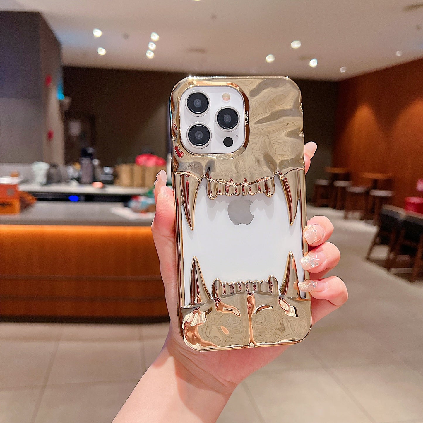 US LITE Shockproof Designer Metallic Chrome 3D Fangs Back Case | Anti-Scratch Grip | Full Camera Protection and Stylish Look For iPhone 14, 15 & 16 Series