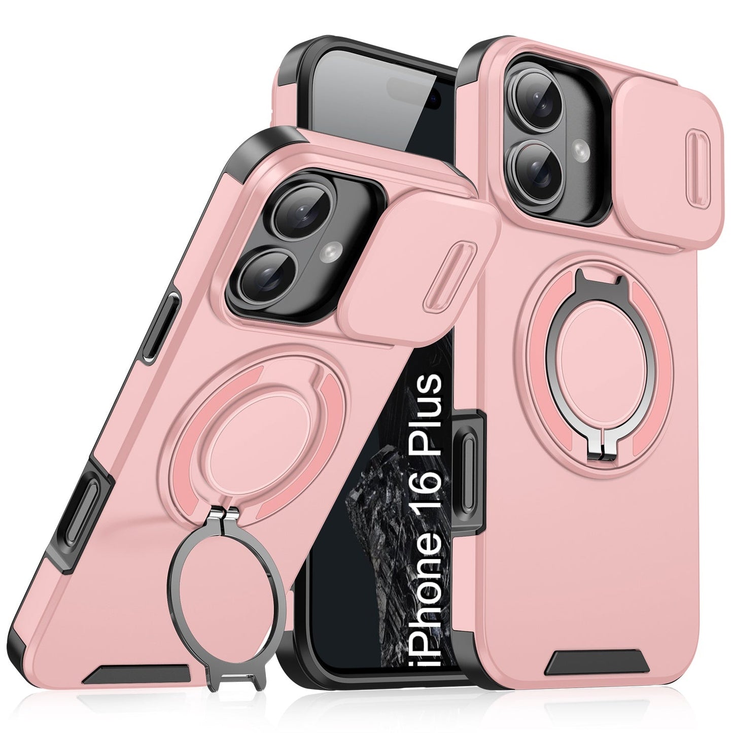 LuxuryKase Shockproof Magnetic Case with Slide Camera Cover | 360° Rotating Ring Kickstand | Mag-Safe Compatible | Rugged Armor Protection For iPhone Series