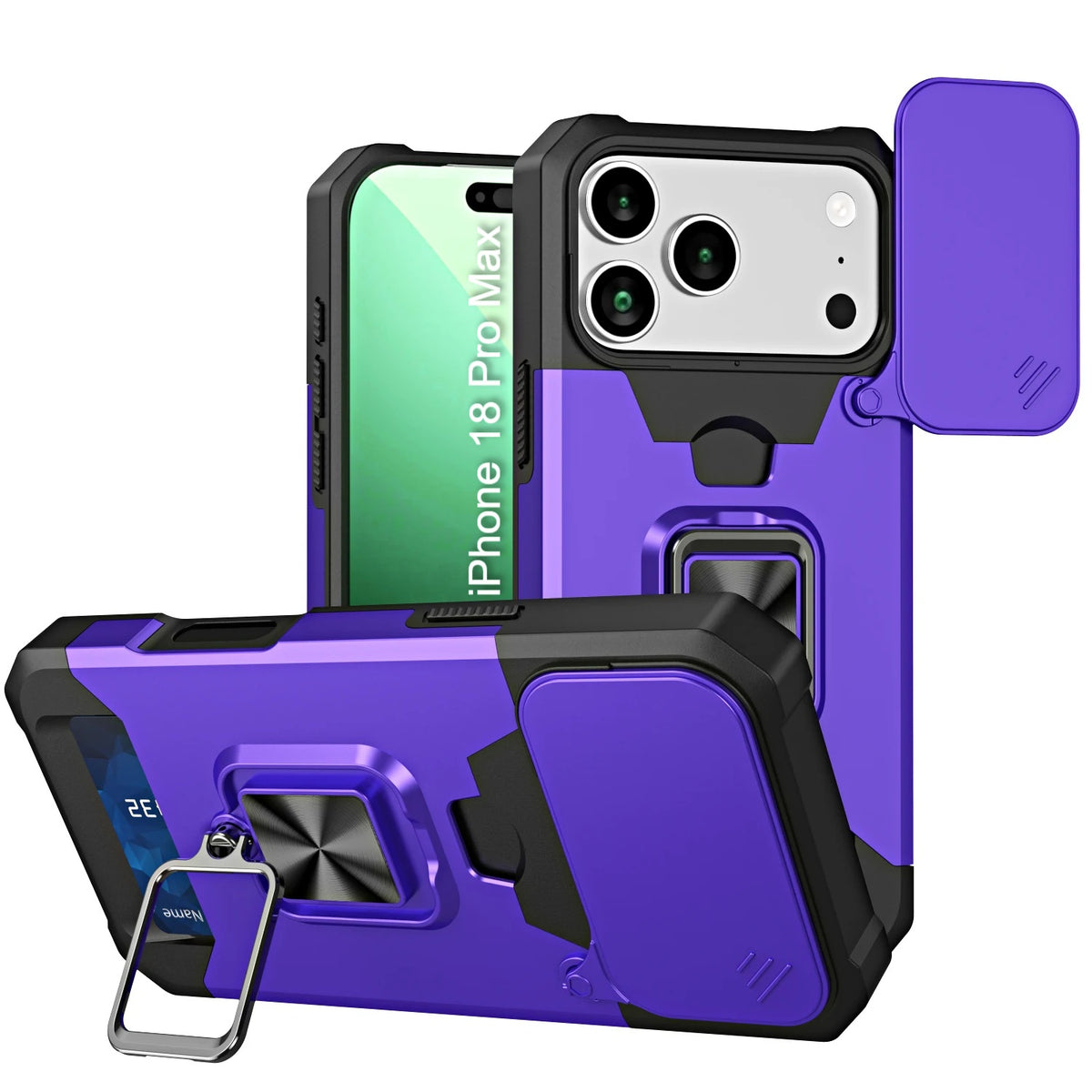 LuxuryKase Shockproof Armor Case | Slide Camera Cover | Hidden Card Slot | Rotating Ring Kickstand | Magnetic Car Mount Support | Military Grade Protection For iPhone & Samsung