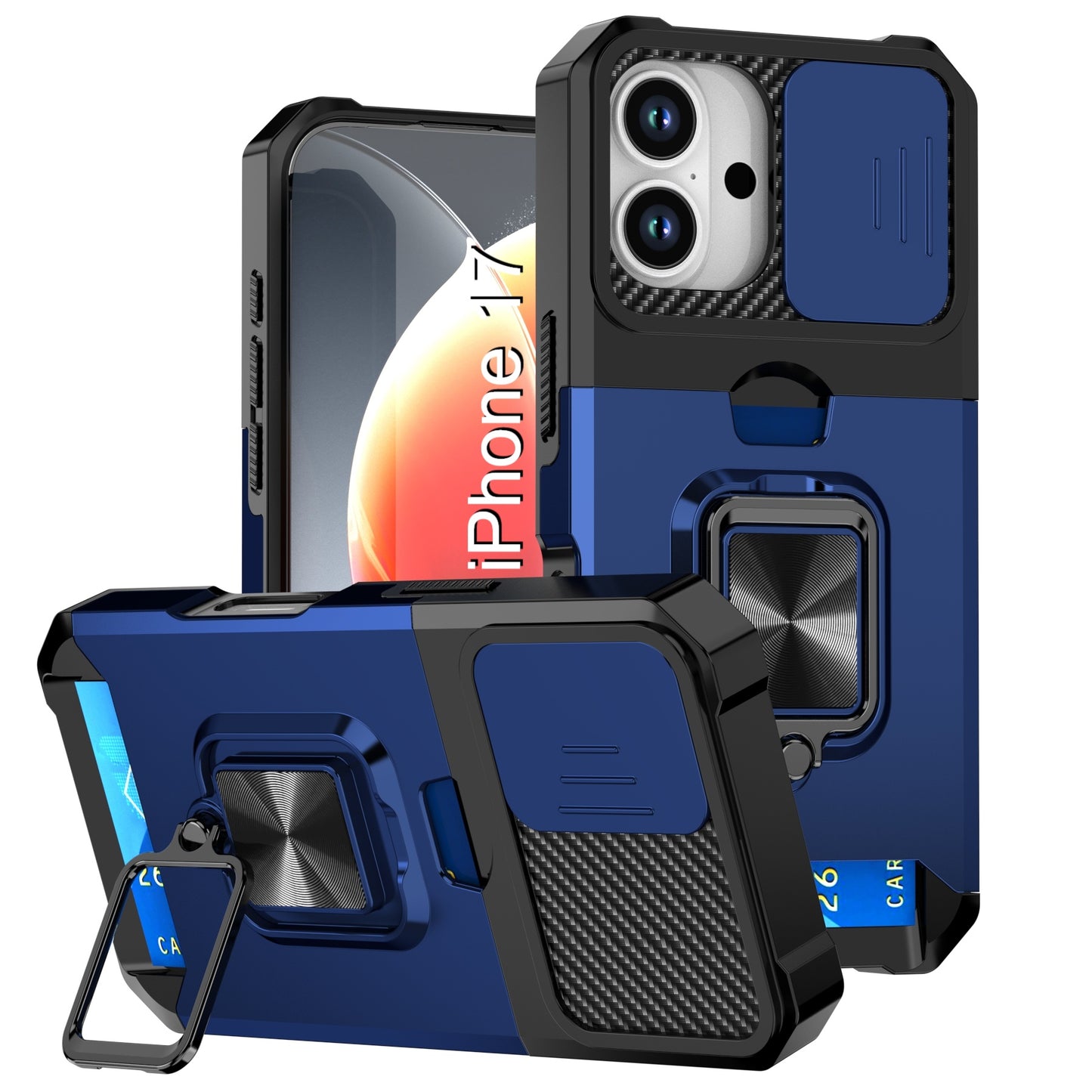 LuxuryKase Shockproof Armor Case | Slide Camera Cover | Hidden Card Slot | Rotating Ring Kickstand | Magnetic Car Mount Support | Military Grade Protection For iPhone & Samsung