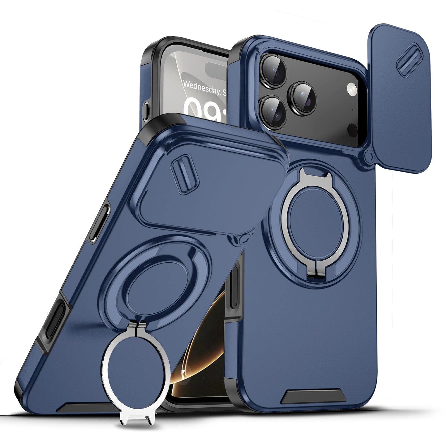 LuxuryKase Shockproof Case with Slide Camera Cover | 360° Rotating Ring Kickstand | Rugged Armour Protection For iPhone Series