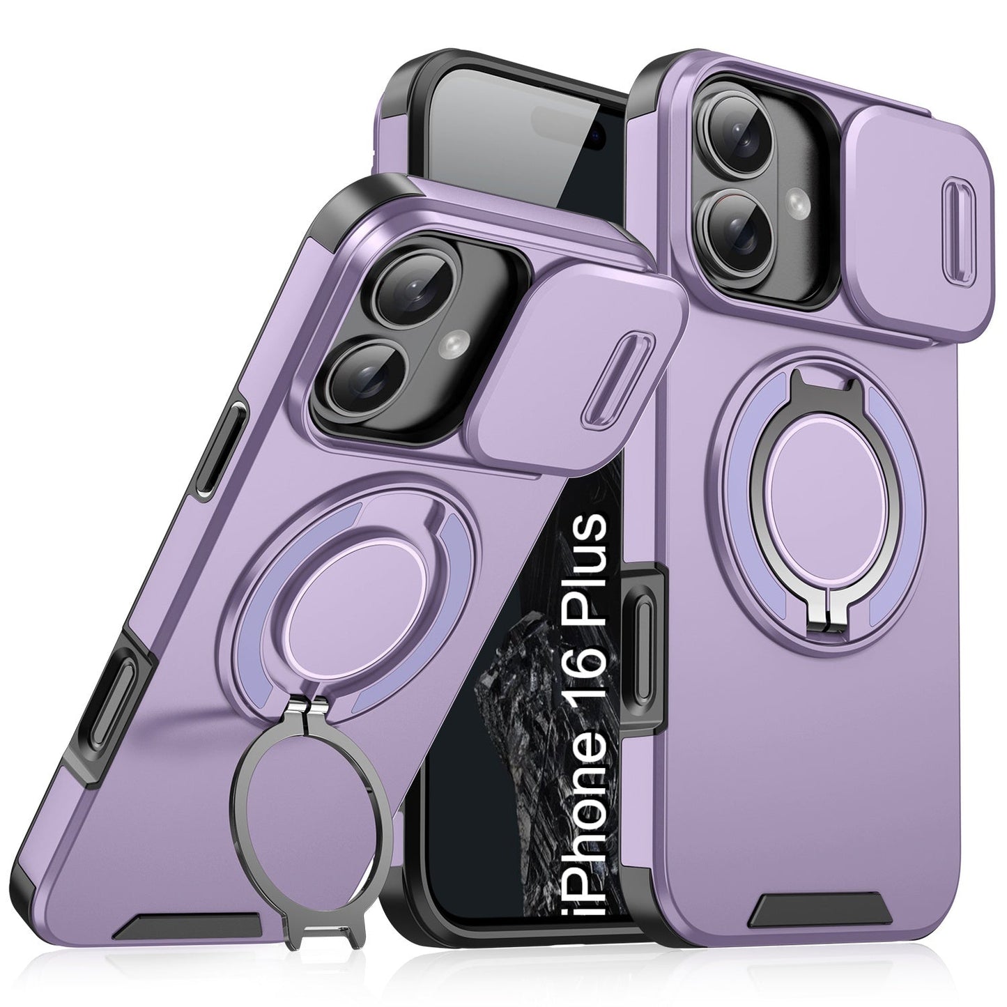 LuxuryKase Shockproof Magnetic Case with Slide Camera Cover | 360° Rotating Ring Kickstand | Mag-Safe Compatible | Rugged Armor Protection For iPhone Series
