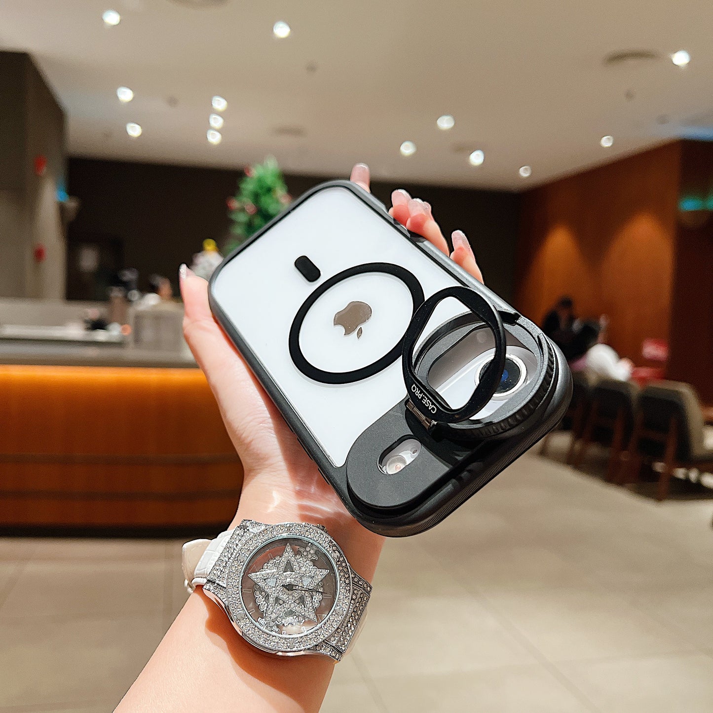 LuxuryKase Magnetic Transparent Back Case | Shockproof Hard PC Bumper Cover with Camera Lens Guard Kickstand | Mag-Safe Support For iPhone