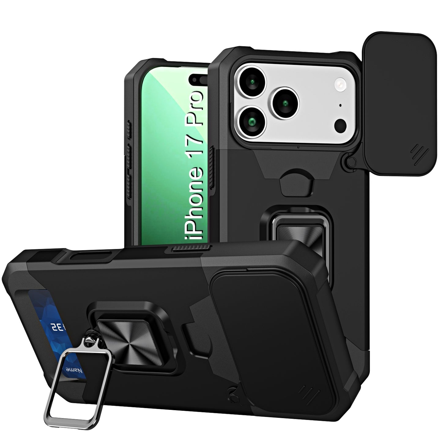 LuxuryKase Shockproof Armor Case | Slide Camera Cover | Hidden Card Slot | Rotating Ring Kickstand | Magnetic Car Mount Support | Military Grade Protection For iPhone & Samsung