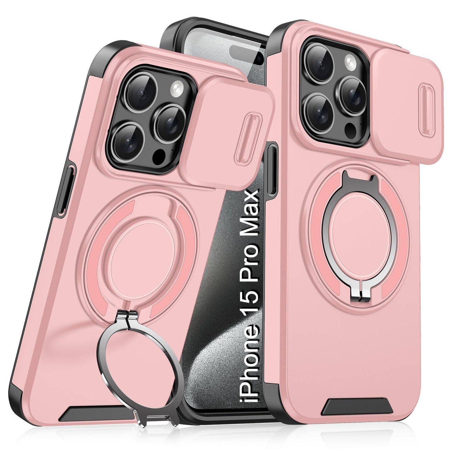 LuxuryKase Shockproof Magnetic Case with Slide Camera Cover | 360° Rotating Ring Kickstand | Mag-Safe Compatible | Rugged Armor Protection For iPhone Series