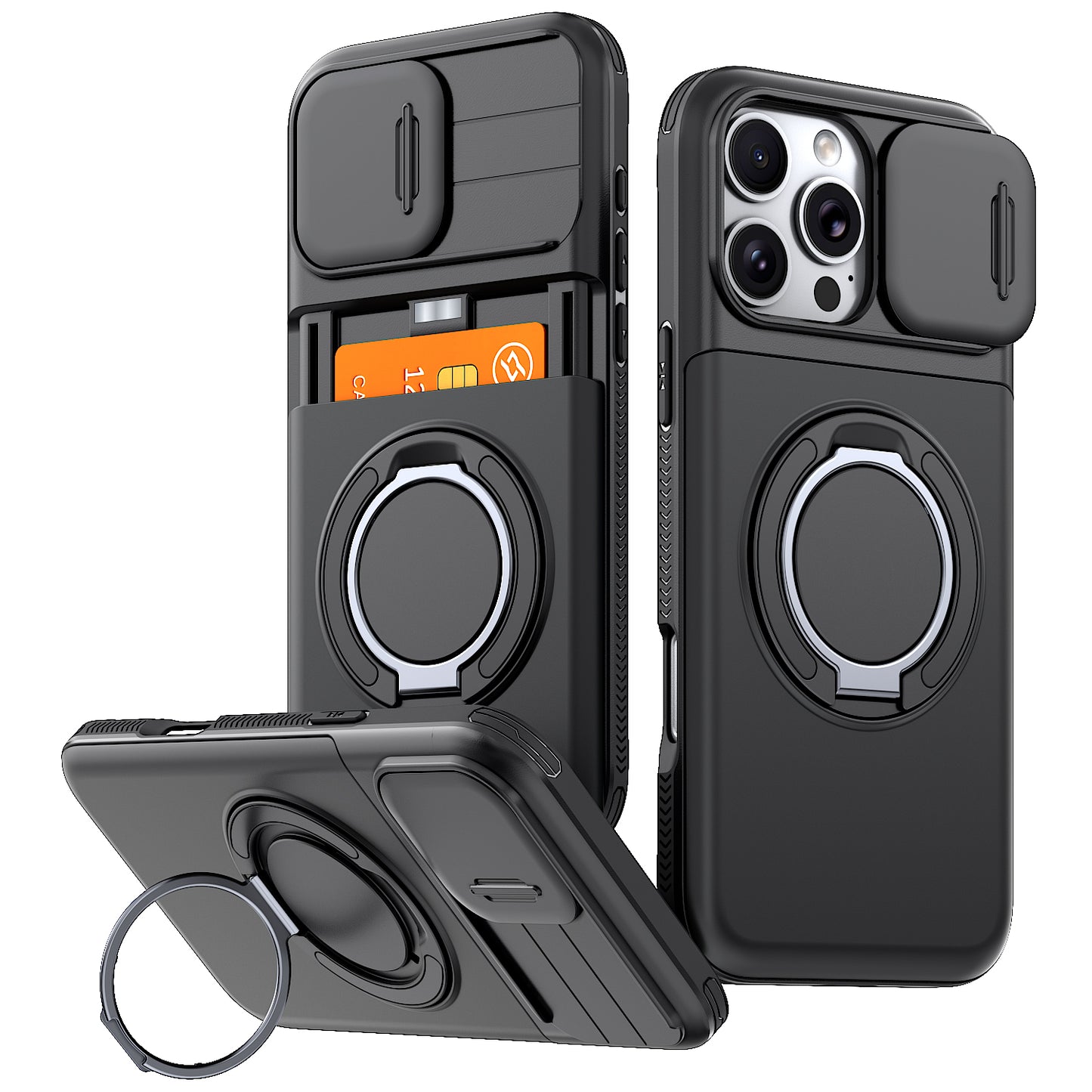 LuxuryKase Magnetic Card Holder Back Cover | Slide Camera Cover Protection | 360° Rotating & 120° Adjustable Kickstand | Shockproof Hard PC Back + Soft TPU Bumper For iPhone & Samsung Series