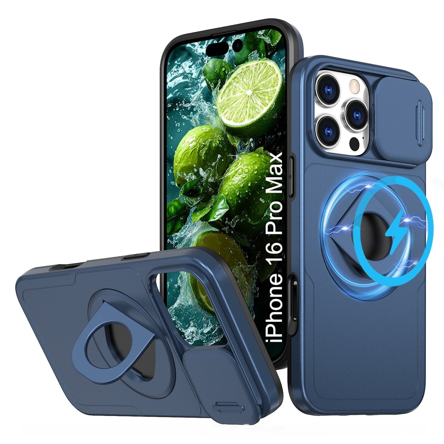 LuxuryKase Mag-Safe Shockproof Rugged Back Case with Finger Ring Kickstand & Sliding Camera Cover | Military Drop Protection | Wireless Charging Support For iPhone Series