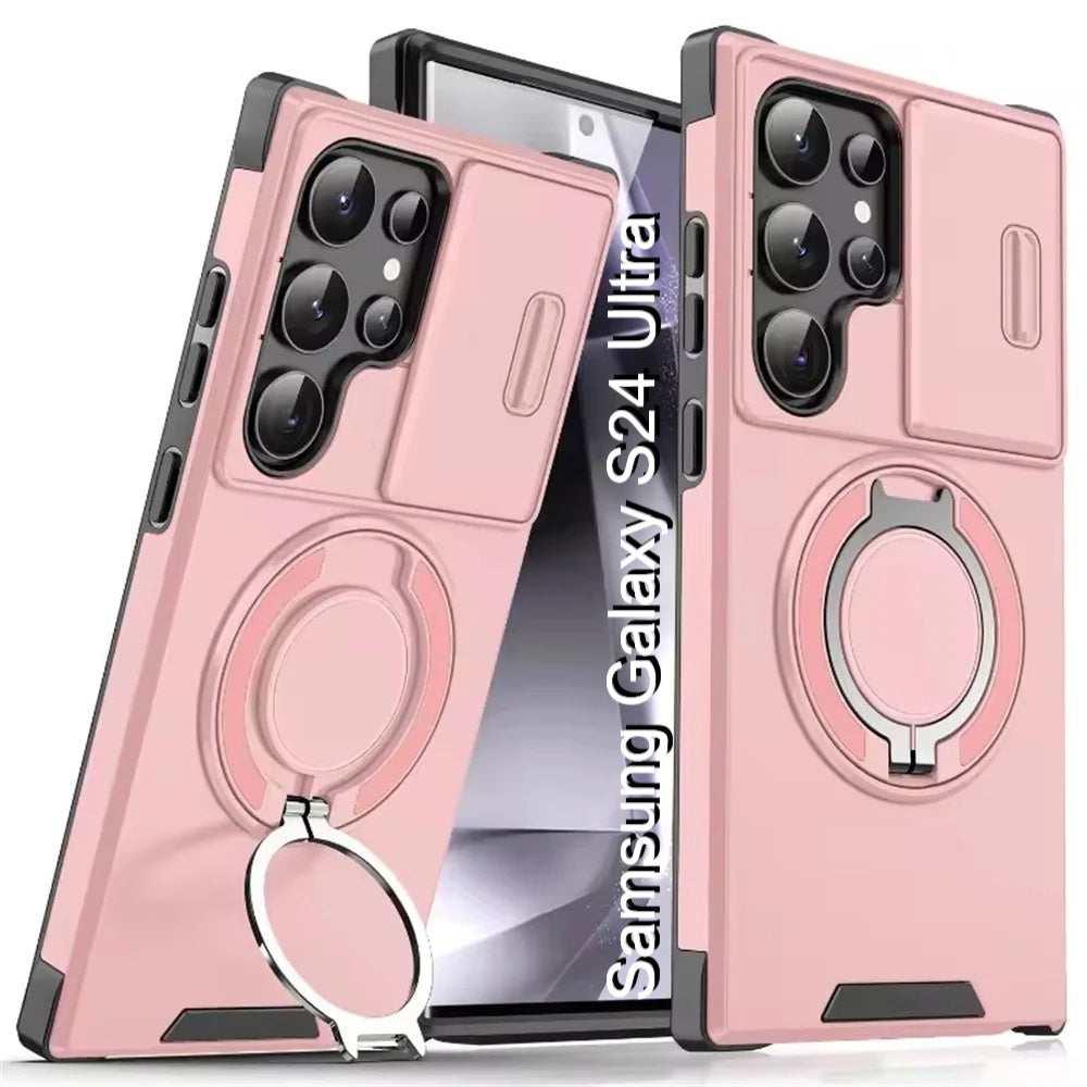 LuxuryKase Shockproof Magnetic Case with Slide Camera Cover | 360° Rotating Ring Kickstand | Mag-Safe Compatible | Rugged Armor Protection For Samsung Series