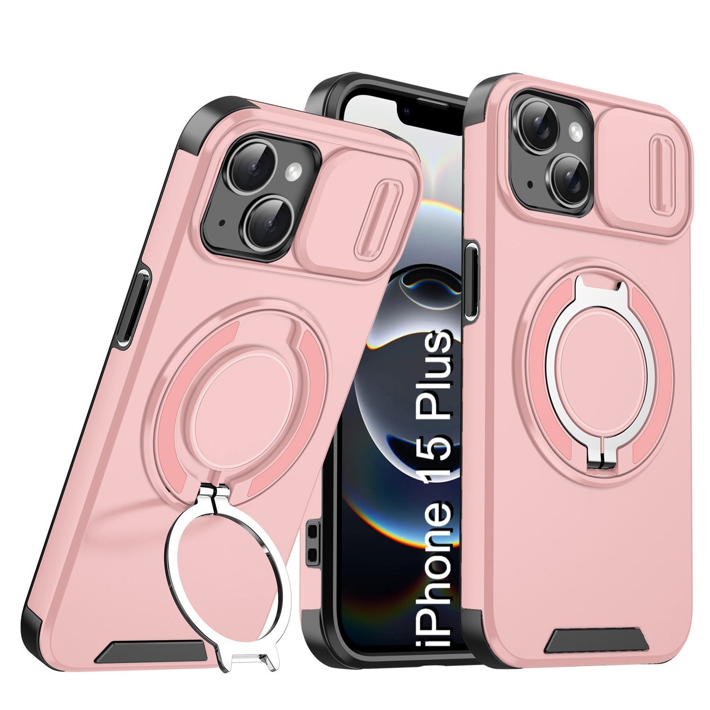 LuxuryKase Shockproof Magnetic Case with Slide Camera Cover | 360° Rotating Ring Kickstand | Mag-Safe Compatible | Rugged Armor Protection For iPhone Series