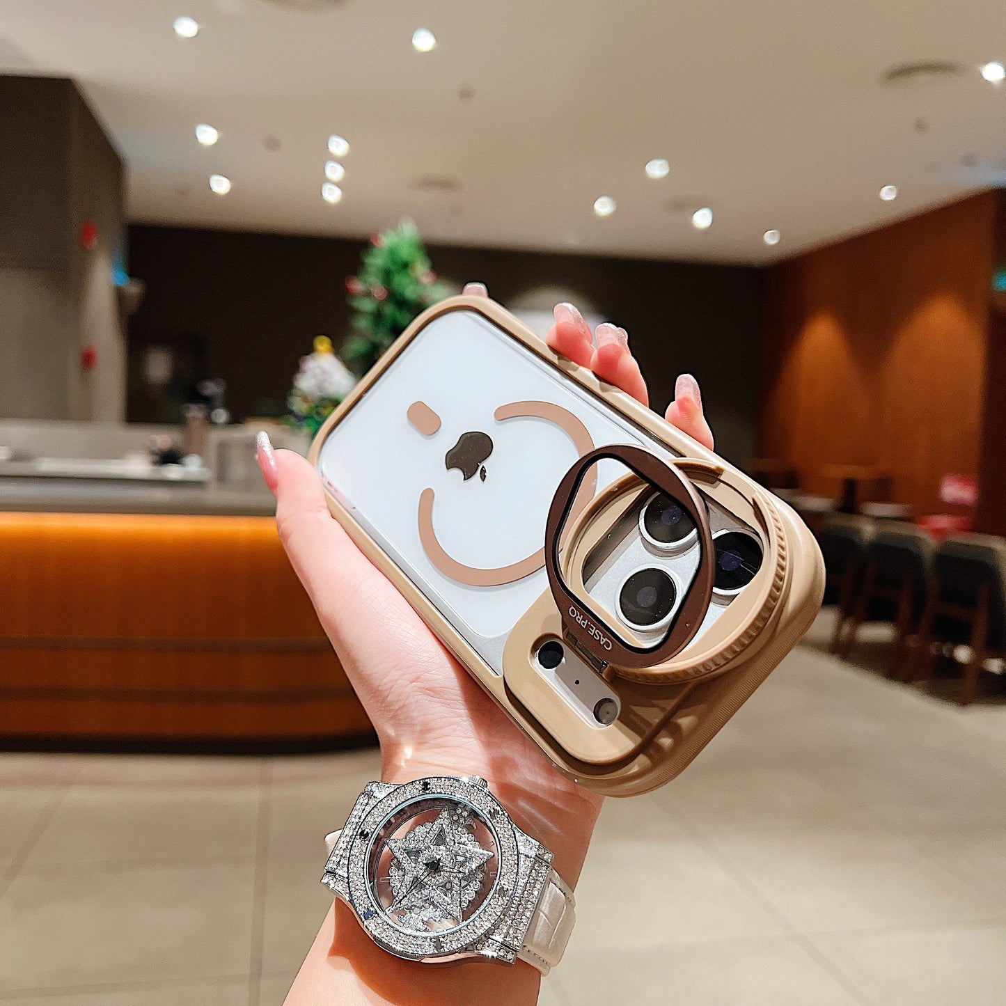 LuxuryKase Magnetic Transparent Back Case | Shockproof Hard PC Bumper Cover with Camera Lens Guard Kickstand | Mag-Safe Support For iPhone