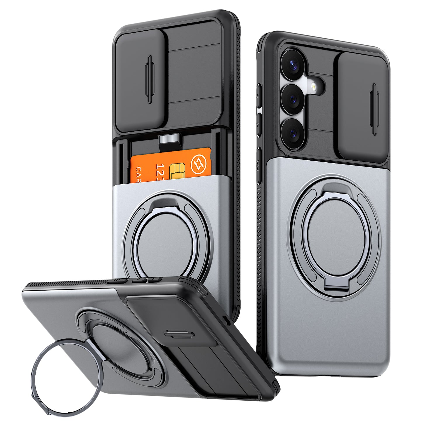 LuxuryKase Magnetic Card Holder Back Cover | Slide Camera Cover Protection | 360° Rotating & 120° Adjustable Kickstand | Shockproof Hard PC Back + Soft TPU Bumper For iPhone & Samsung Series