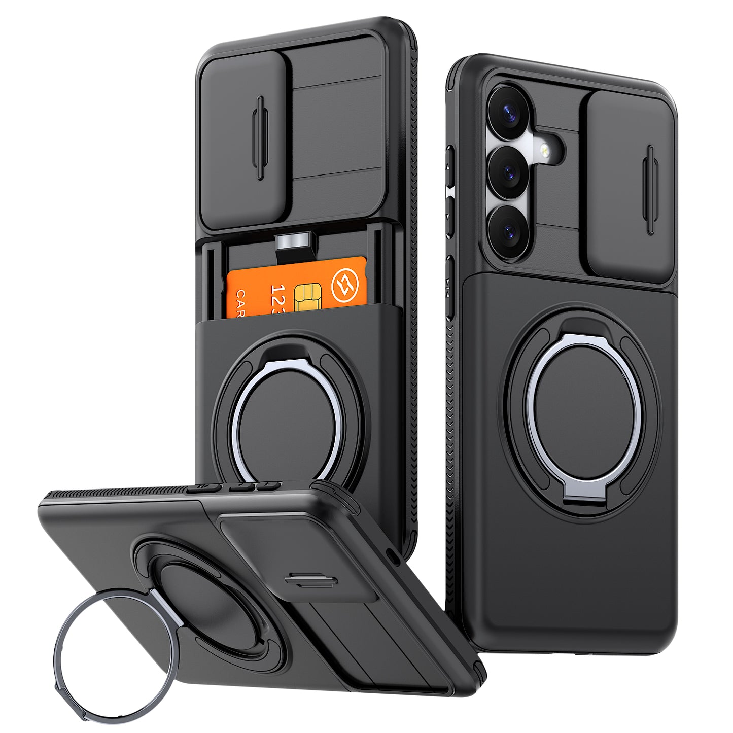 LuxuryKase Magnetic Card Holder Back Cover | Slide Camera Cover Protection | 360° Rotating & 120° Adjustable Kickstand | Shockproof Hard PC Back + Soft TPU Bumper For iPhone & Samsung Series