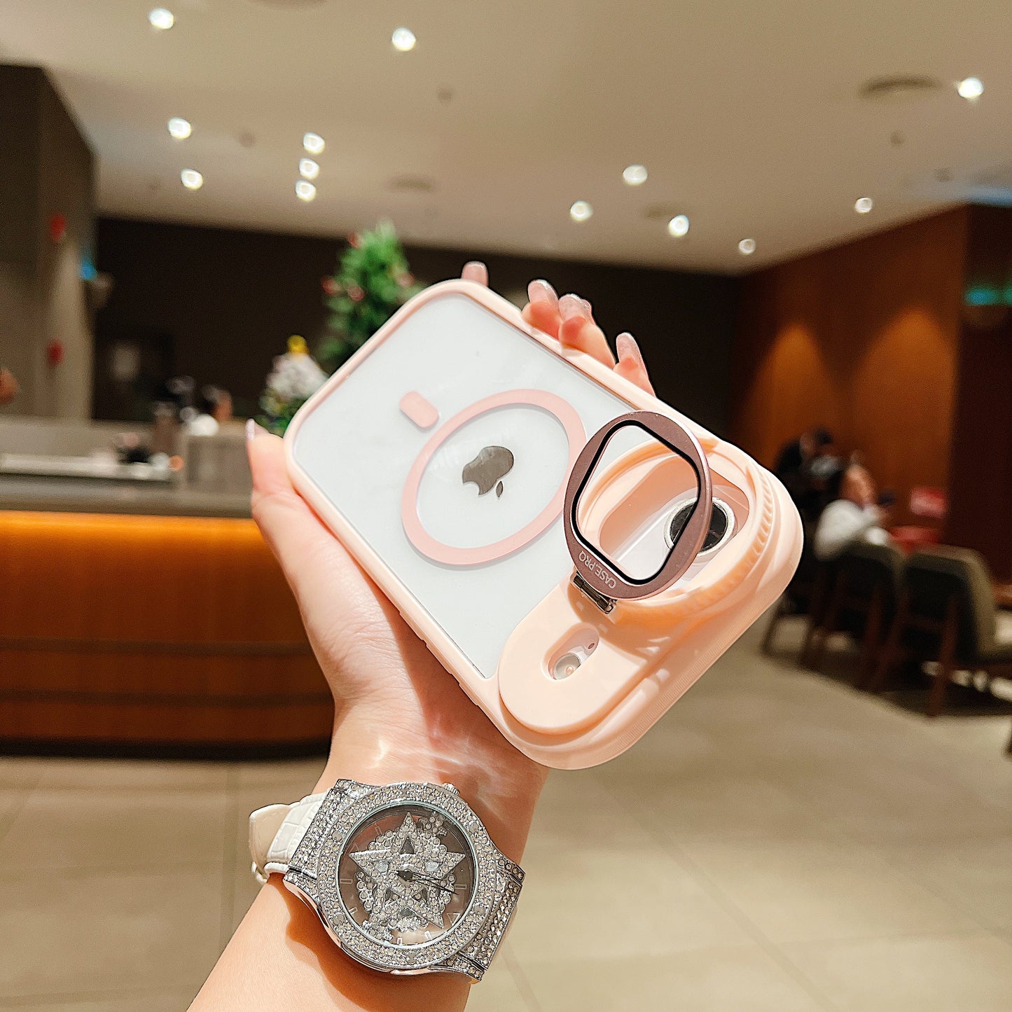 LuxuryKase Magnetic Transparent Back Case | Shockproof Hard PC Bumper Cover with Camera Lens Guard Kickstand | Mag-Safe Support For iPhone