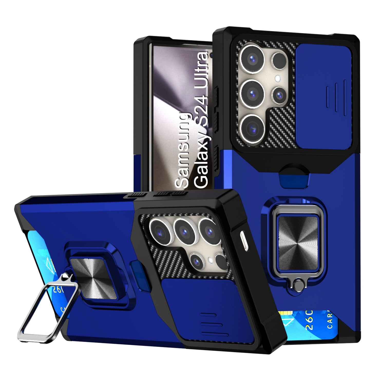 LuxuryKase Shockproof Armor Case | Slide Camera Cover | Hidden Card Slot | Rotating Ring Kickstand | Magnetic Car Mount Support | Military Grade Protection For iPhone & Samsung