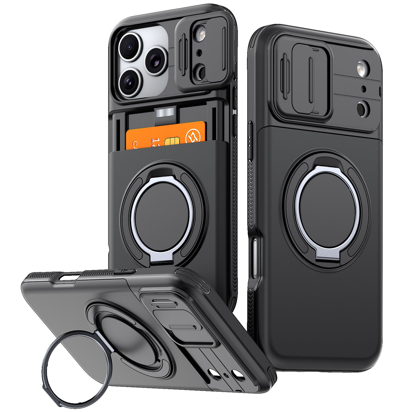 LuxuryKase Magnetic Card Holder Back Cover | Slide Camera Cover Protection | 360° Rotating & 120° Adjustable Kickstand | Shockproof Hard PC Back + Soft TPU Bumper For iPhone & Samsung Series
