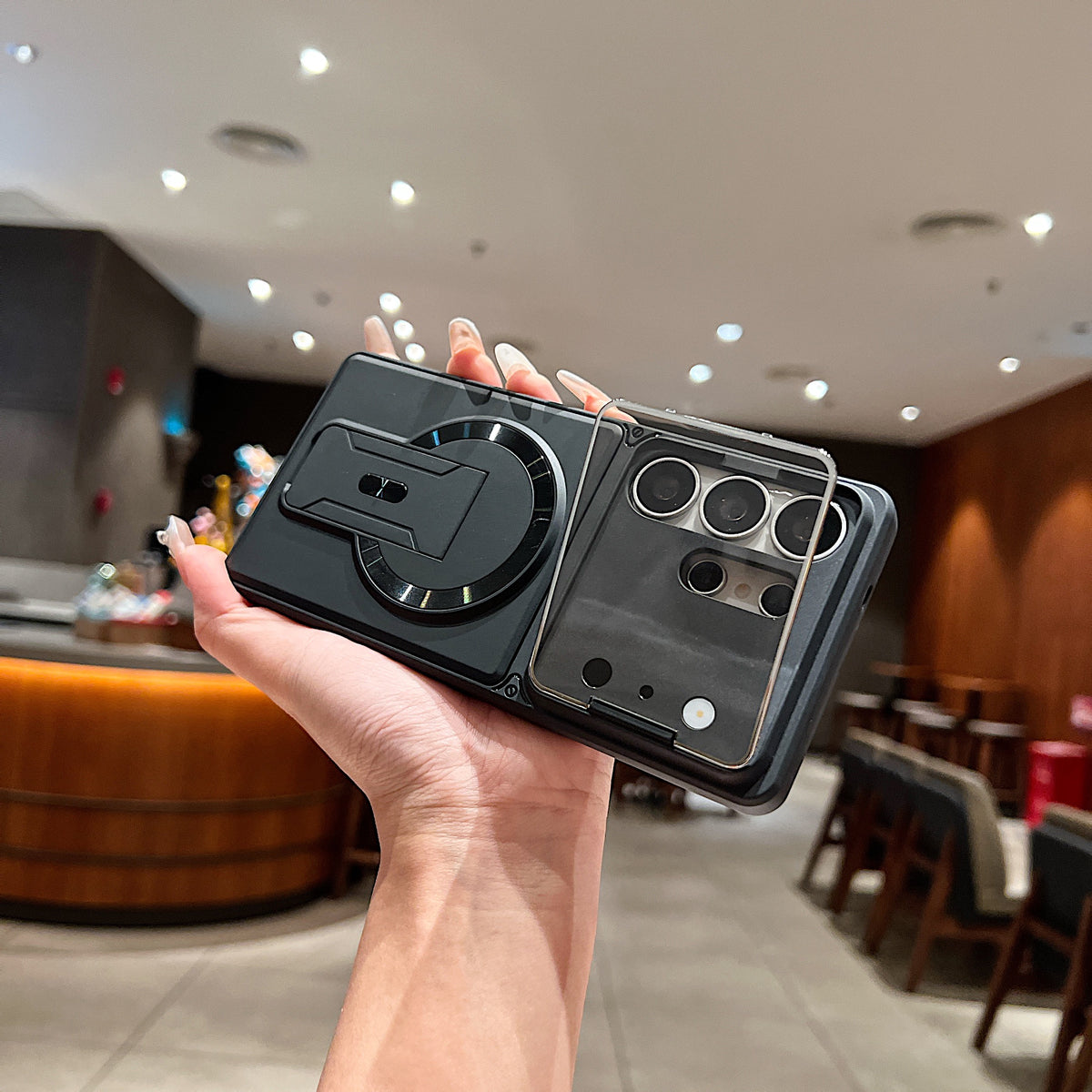 LuxuryKase Hybrid Armour Case | Built-In Foldable Kickstand | Flip Camera Lens Protection Frame Design | MagSafe Compatible | Rugged PC & TPU Cover For iPhone & Samsung Series