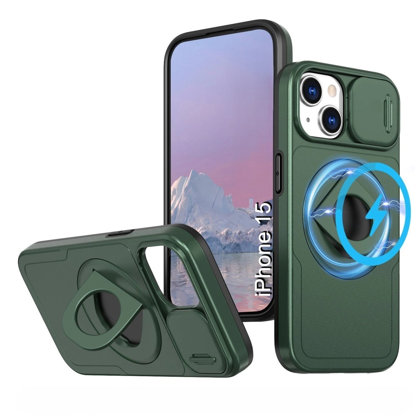 LuxuryKase Mag-Safe Shockproof Rugged Back Case with Finger Ring Kickstand & Sliding Camera Cover | Military Drop Protection | Wireless Charging Support For iPhone Series