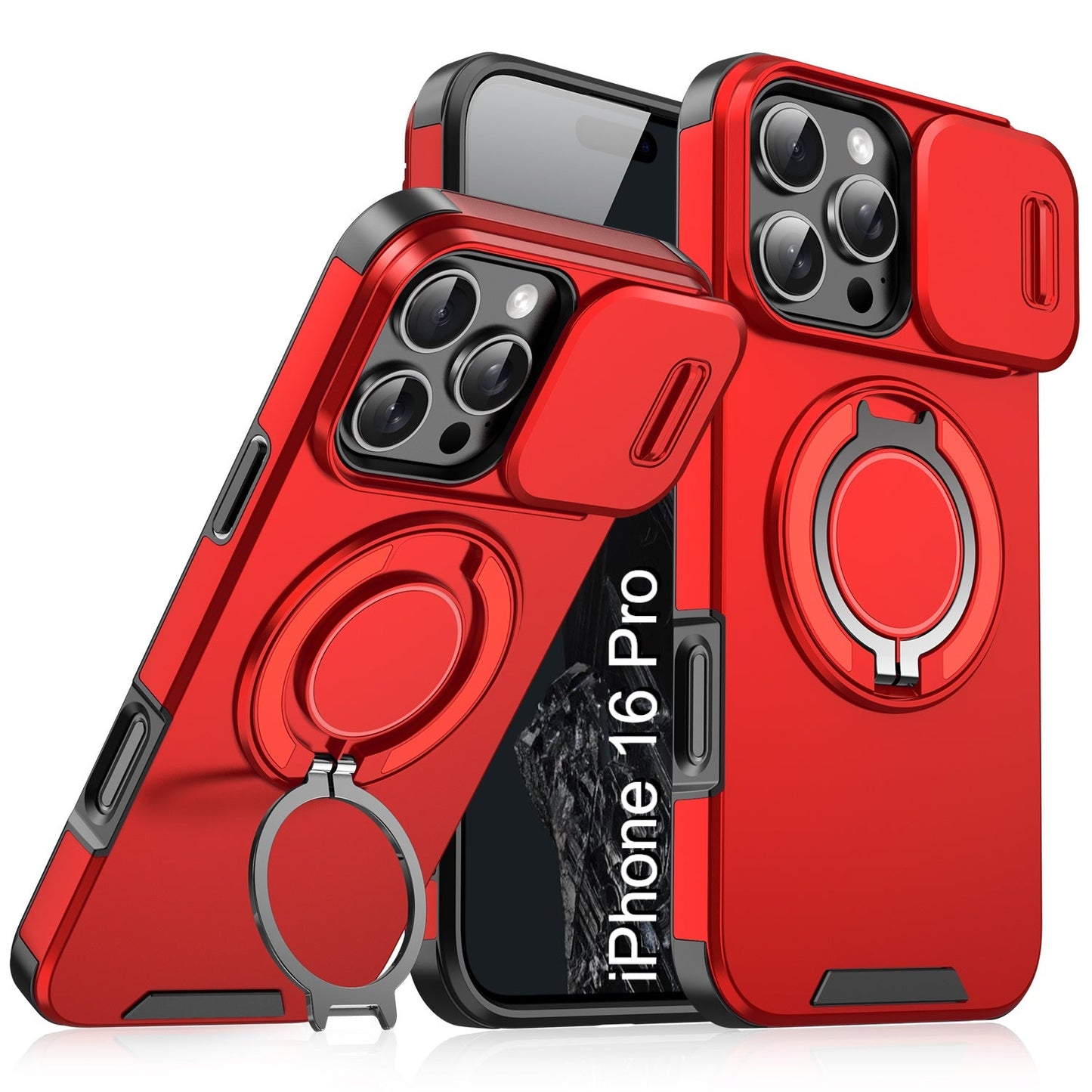 LuxuryKase Shockproof Magnetic Case with Slide Camera Cover | 360° Rotating Ring Kickstand | Mag-Safe Compatible | Rugged Armor Protection For iPhone Series