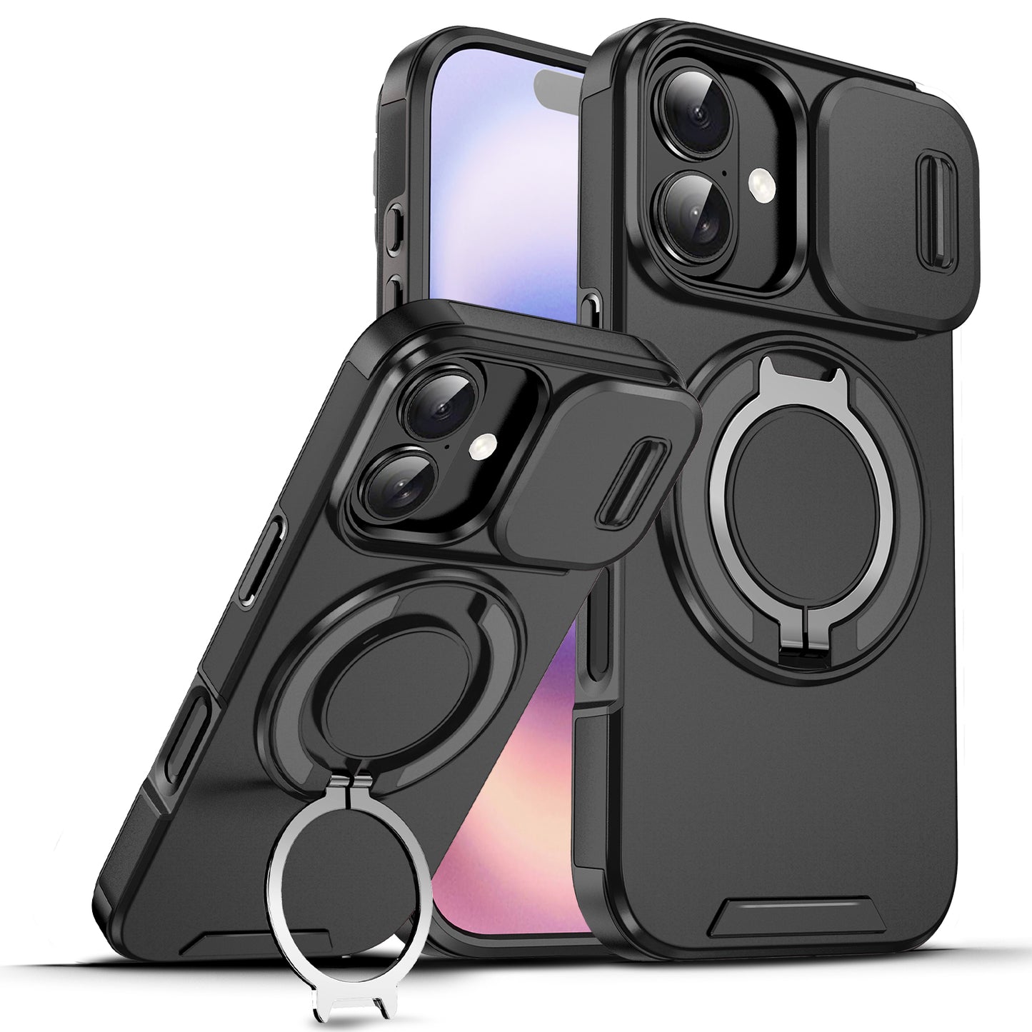 LuxuryKase Shockproof Case with Slide Camera Cover | 360° Rotating Ring Kickstand | Rugged Armour Protection For iPhone Series