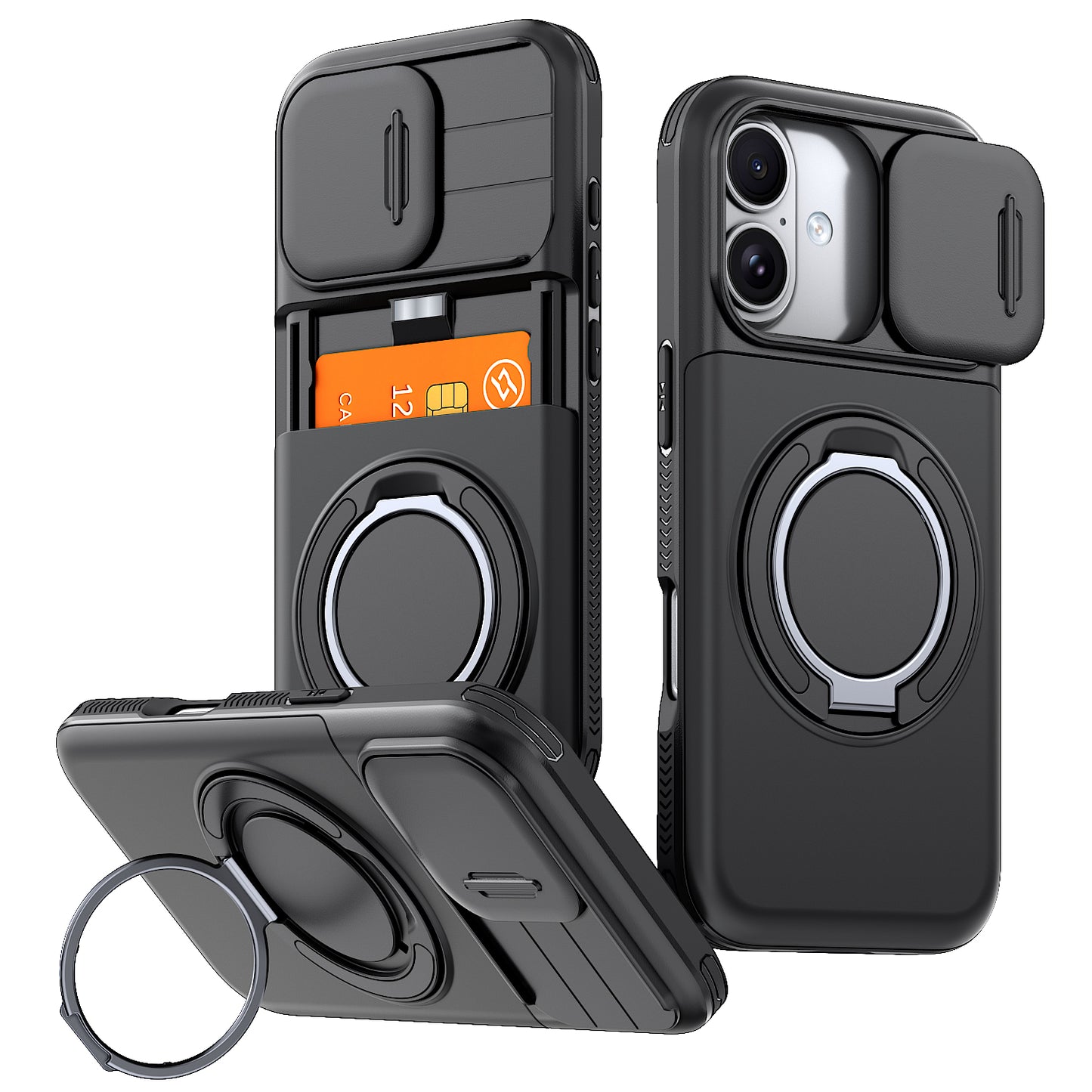 LuxuryKase Magnetic Card Holder Back Cover | Slide Camera Cover Protection | 360° Rotating & 120° Adjustable Kickstand | Shockproof Hard PC Back + Soft TPU Bumper For iPhone & Samsung Series