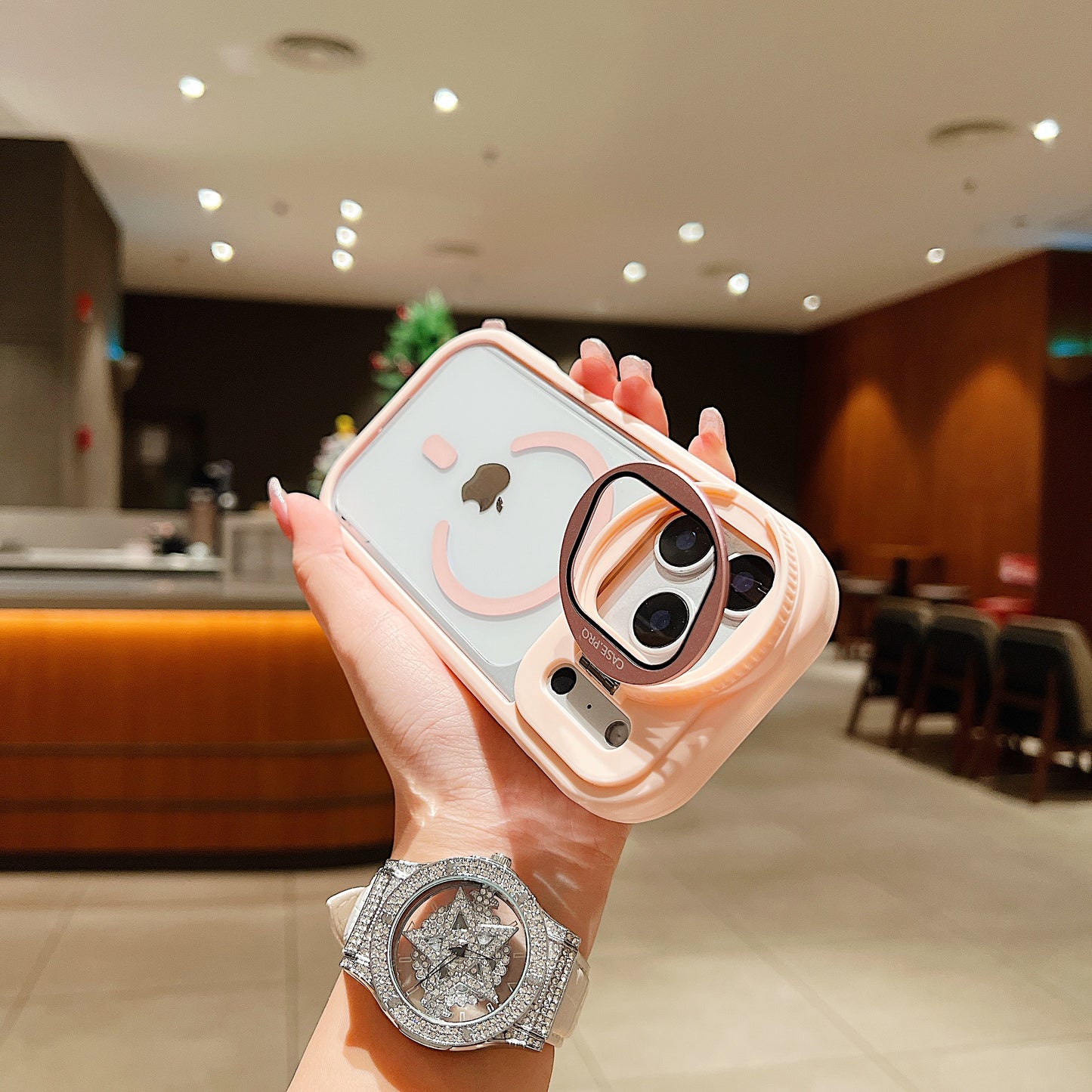 LuxuryKase Magnetic Transparent Back Case | Shockproof Hard PC Bumper Cover with Camera Lens Guard Kickstand | Mag-Safe Support For iPhone