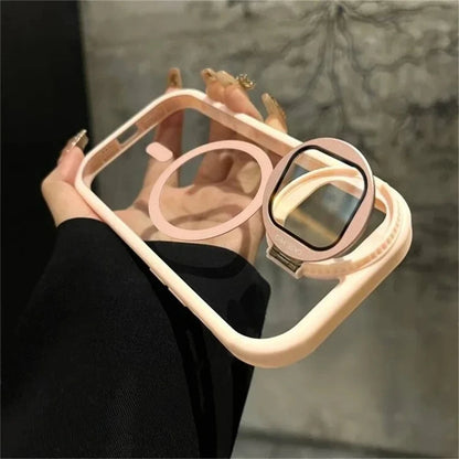 LuxuryKase Magnetic Transparent Back Case | Shockproof Hard PC Bumper Cover with Camera Lens Guard Kickstand | Mag-Safe Support For iPhone