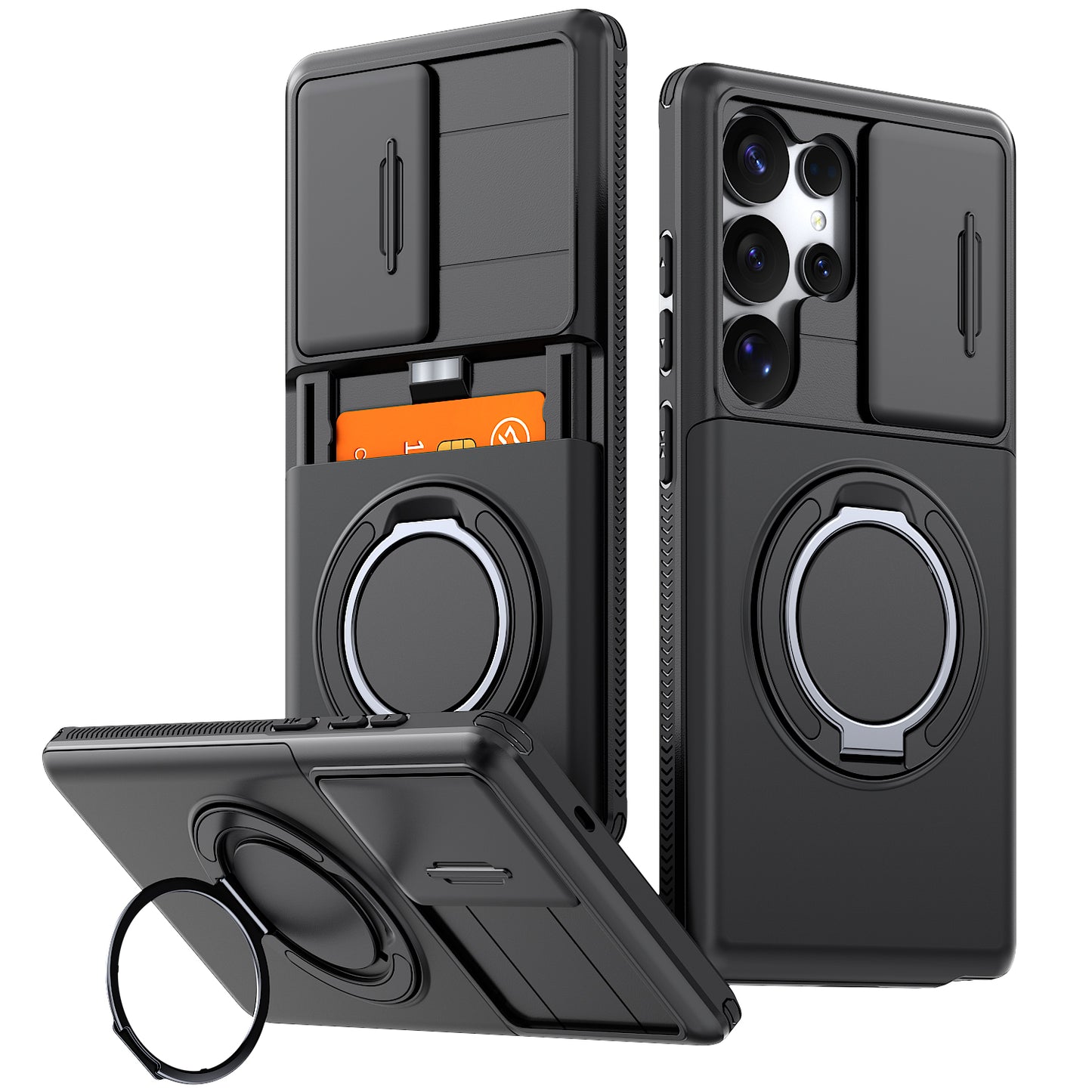 LuxuryKase Magnetic Card Holder Back Cover | Slide Camera Cover Protection | 360° Rotating & 120° Adjustable Kickstand | Shockproof Hard PC Back + Soft TPU Bumper For iPhone & Samsung Series