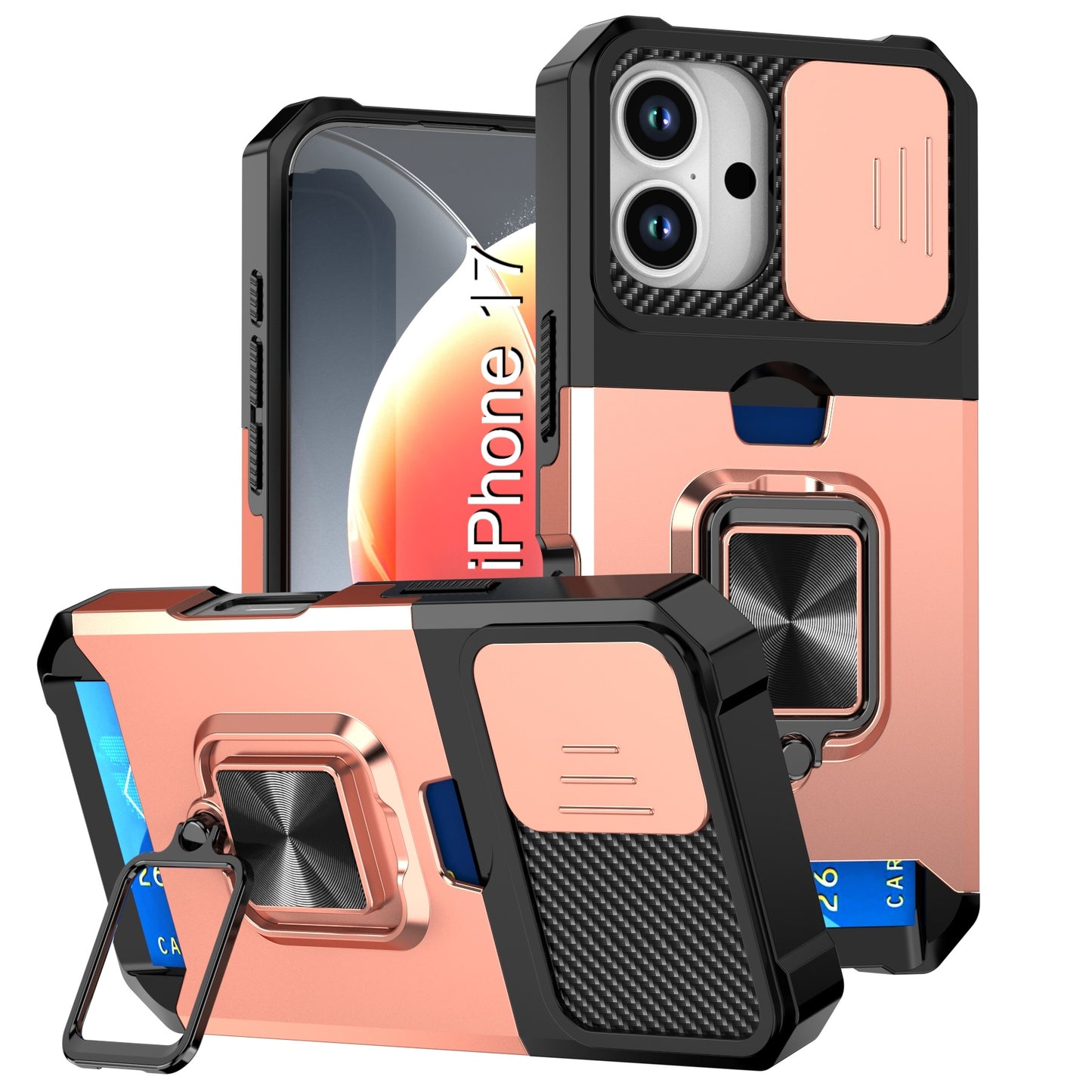 LuxuryKase Shockproof Armor Case | Slide Camera Cover | Hidden Card Slot | Rotating Ring Kickstand | Magnetic Car Mount Support | Military Grade Protection For iPhone & Samsung