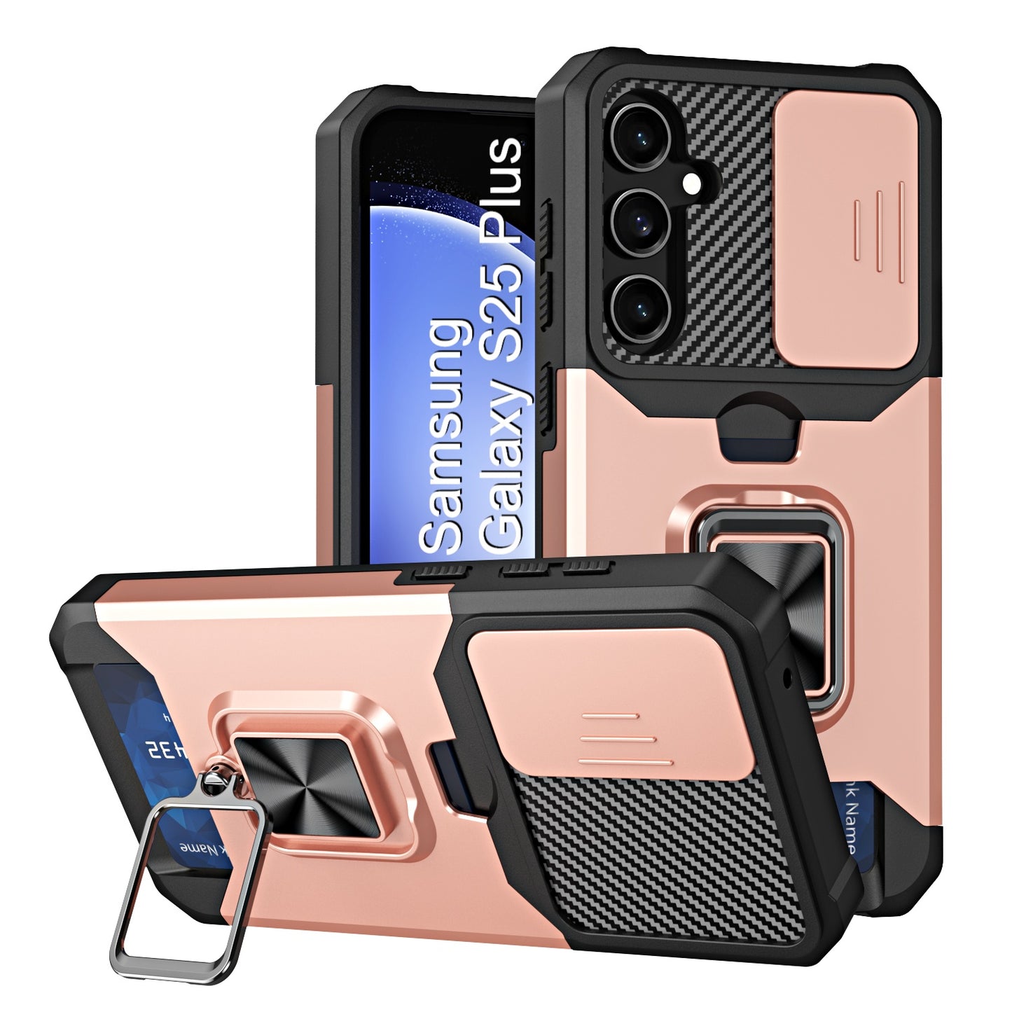 LuxuryKase Shockproof Armor Case | Slide Camera Cover | Hidden Card Slot | Rotating Ring Kickstand | Magnetic Car Mount Support | Military Grade Protection For iPhone & Samsung