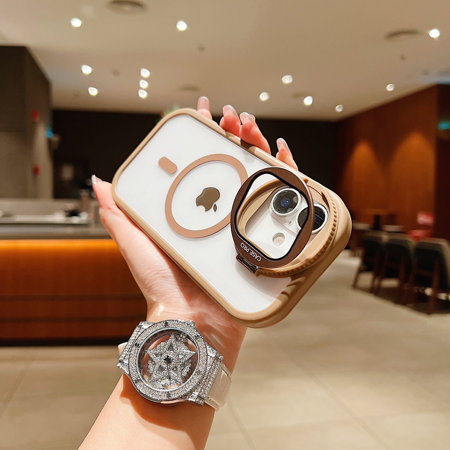 LuxuryKase Magnetic Transparent Back Case | Shockproof Hard PC Bumper Cover with Camera Lens Guard Kickstand | Mag-Safe Support For iPhone