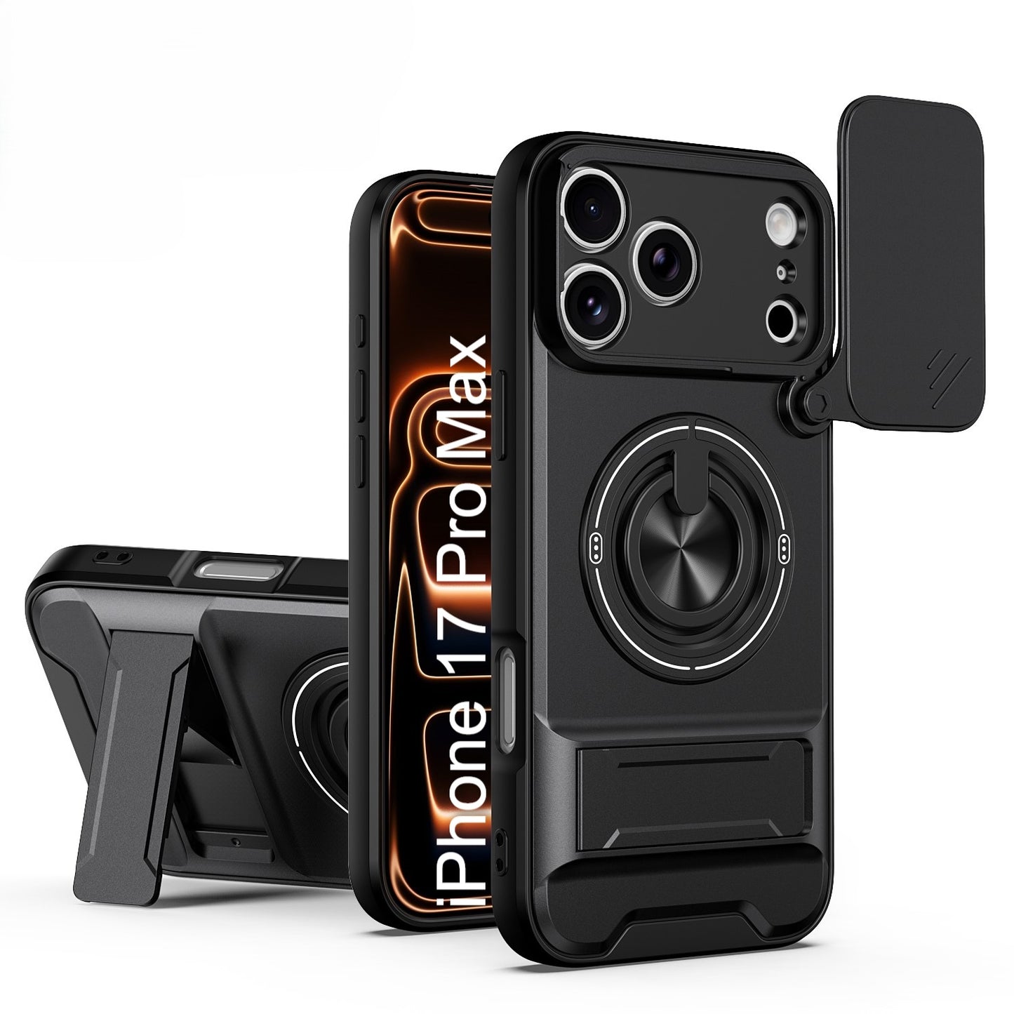 LuxuryKase Magnetic Armour Case | MagSafe Compatible | Sliding Camera Cover | 360° Finger Ring Holder | Built-In Bracket Stand | Hard PC Back & Soft TPU Bumper For iPhone & Samsung Series