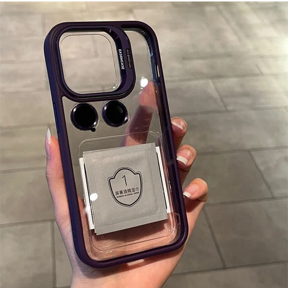 LuxuryKase Clear Case | Metal Lens Protector & 180° Rotating Bracket | Shockproof Transparent Hard Back Cover with Soft TPU Frame For iPhone & Samsung