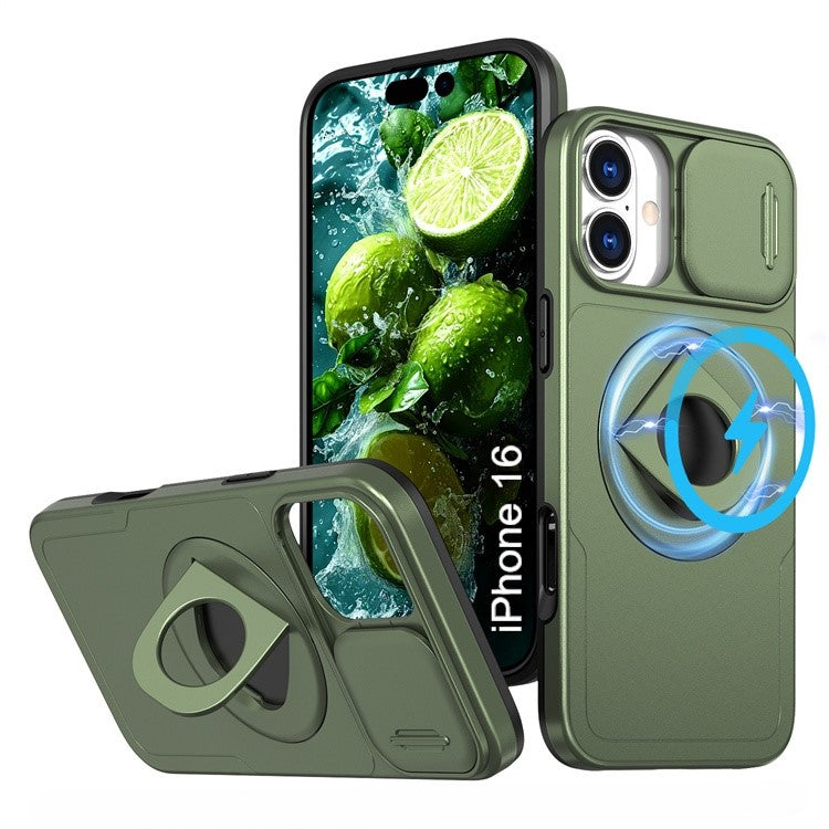 LuxuryKase Mag-Safe Shockproof Rugged Back Case with Finger Ring Kickstand & Sliding Camera Cover | Military Drop Protection | Wireless Charging Support For iPhone Series