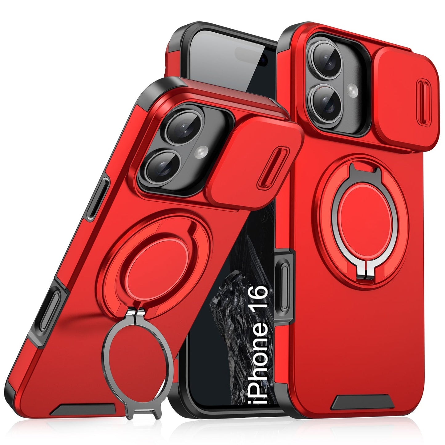 LuxuryKase Shockproof Magnetic Case with Slide Camera Cover | 360° Rotating Ring Kickstand | Mag-Safe Compatible | Rugged Armor Protection For iPhone Series