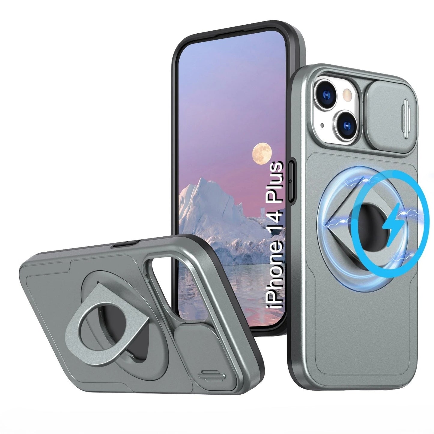 LuxuryKase Mag-Safe Shockproof Rugged Back Case with Finger Ring Kickstand & Sliding Camera Cover | Military Drop Protection | Wireless Charging Support For iPhone Series