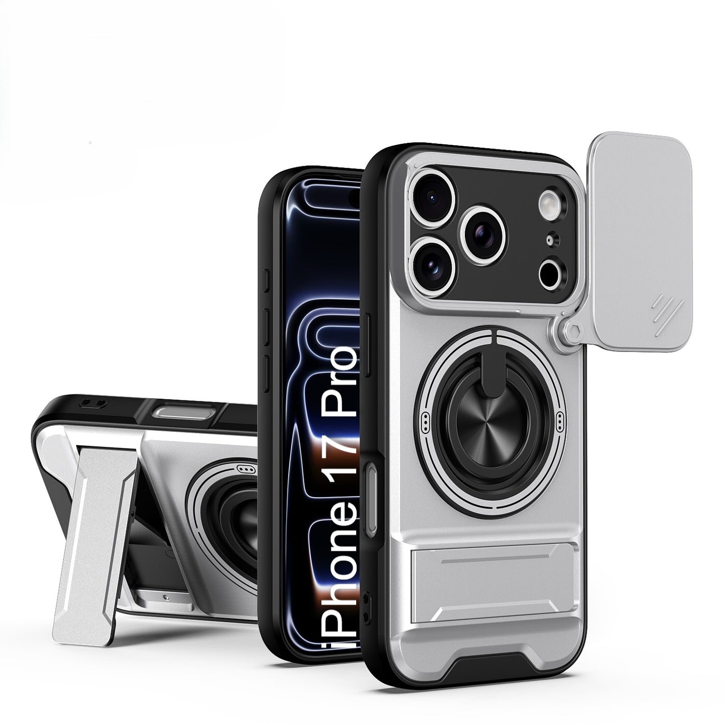 LuxuryKase Magnetic Armour Case | MagSafe Compatible | Sliding Camera Cover | 360° Finger Ring Holder | Built-In Bracket Stand | Hard PC Back & Soft TPU Bumper For iPhone & Samsung Series