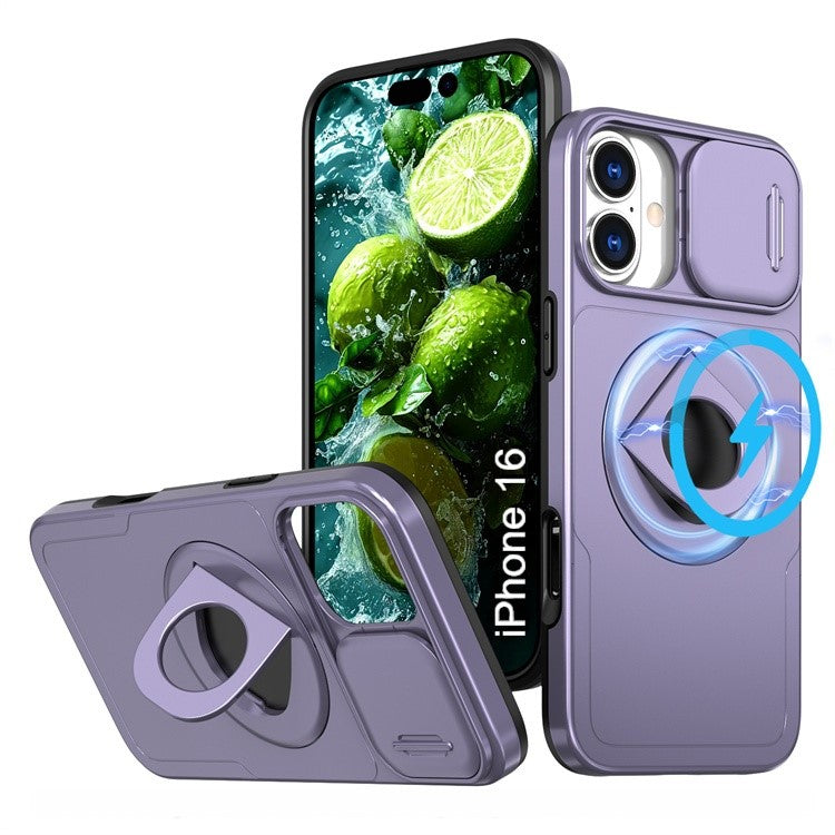 LuxuryKase Mag-Safe Shockproof Rugged Back Case with Finger Ring Kickstand & Sliding Camera Cover | Military Drop Protection | Wireless Charging Support For iPhone Series