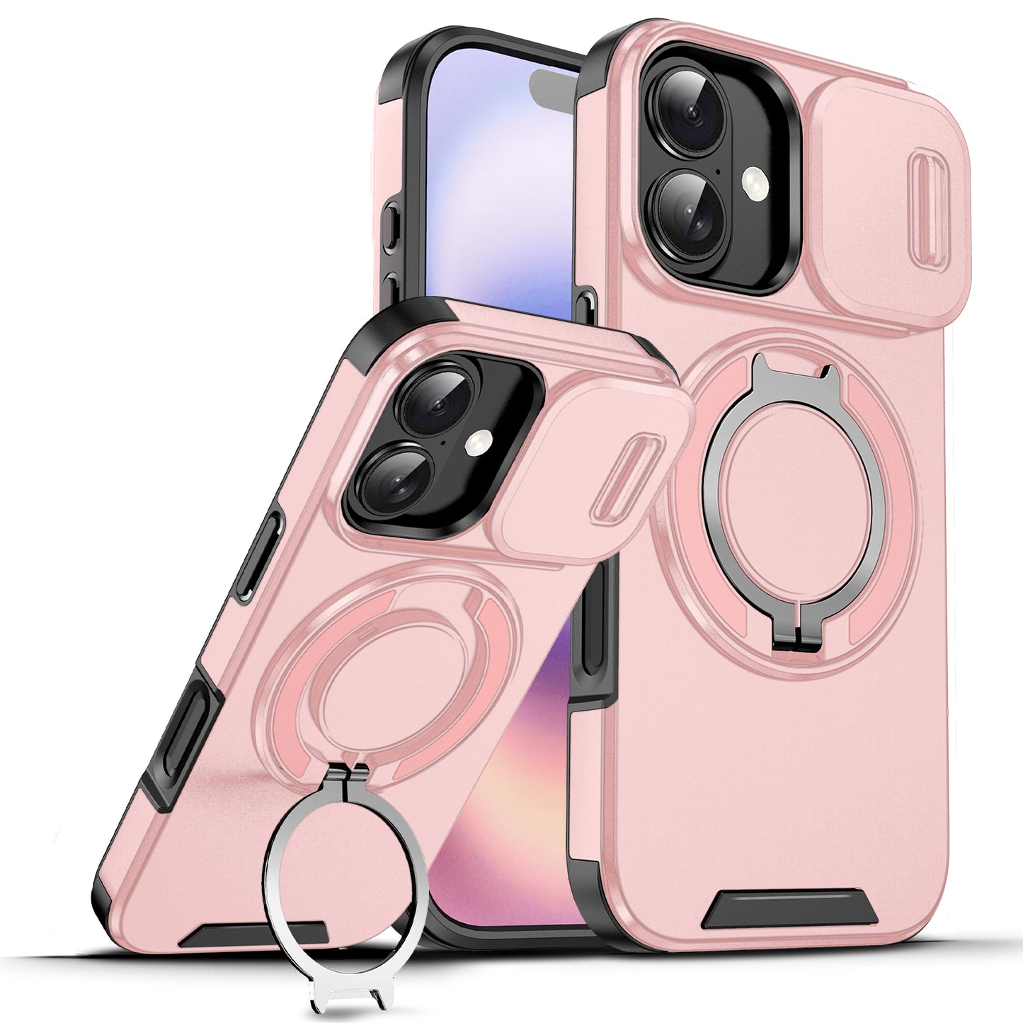 LuxuryKase Shockproof Case with Slide Camera Cover | 360° Rotating Ring Kickstand | Rugged Armour Protection For iPhone Series