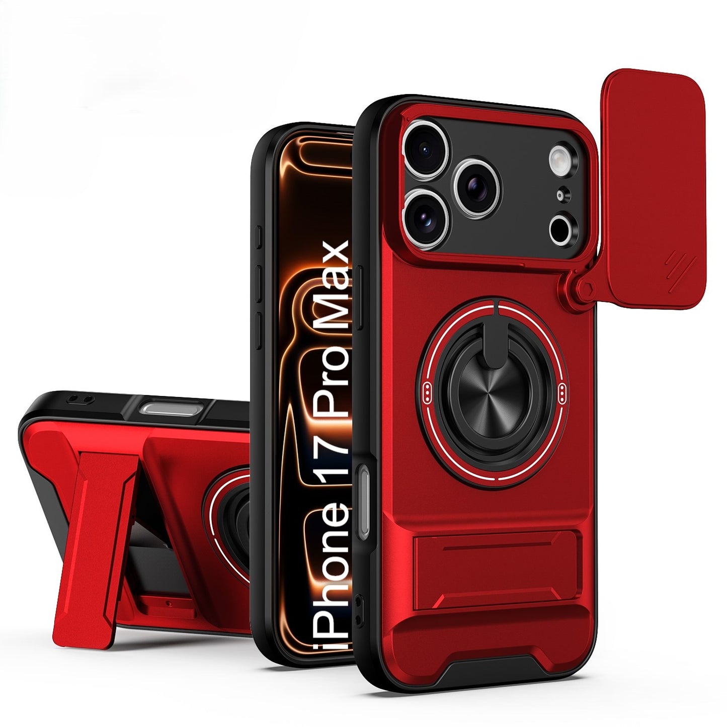 LuxuryKase Magnetic Armour Case | MagSafe Compatible | Sliding Camera Cover | 360° Finger Ring Holder | Built-In Bracket Stand | Hard PC Back & Soft TPU Bumper For iPhone & Samsung Series