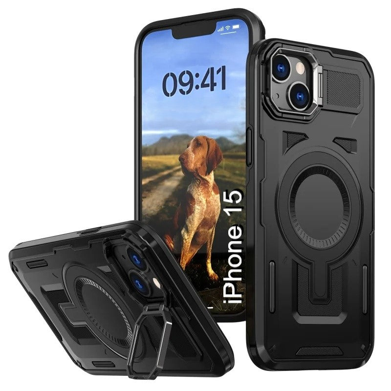 LuxuryKase Rugged Shockproof Magnetic Case with Kickstand | Dual Layer TPU+PC Protection | Mag-Safe Compatible | Camera Guard | Extreme Drop Resistance For iPhone Series