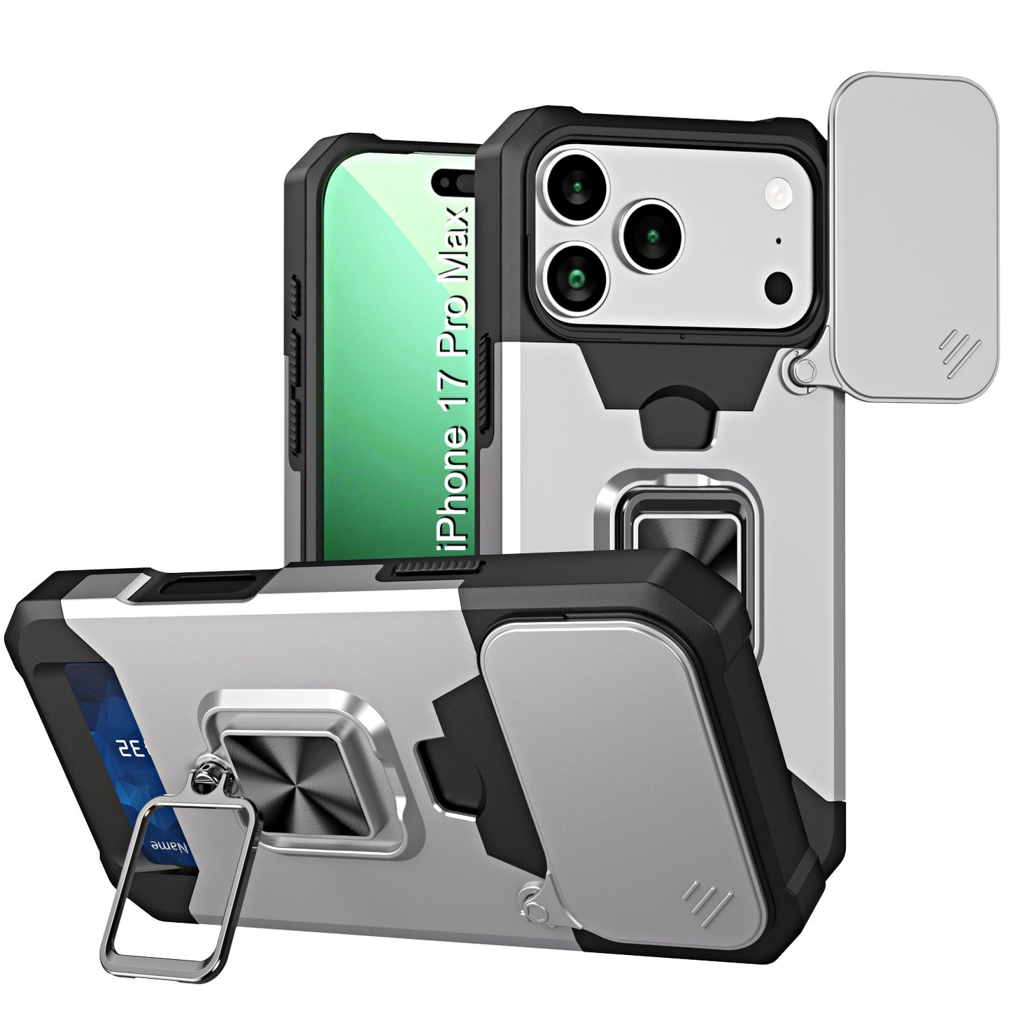 LuxuryKase Shockproof Armor Case | Slide Camera Cover | Hidden Card Slot | Rotating Ring Kickstand | Magnetic Car Mount Support | Military Grade Protection For iPhone & Samsung