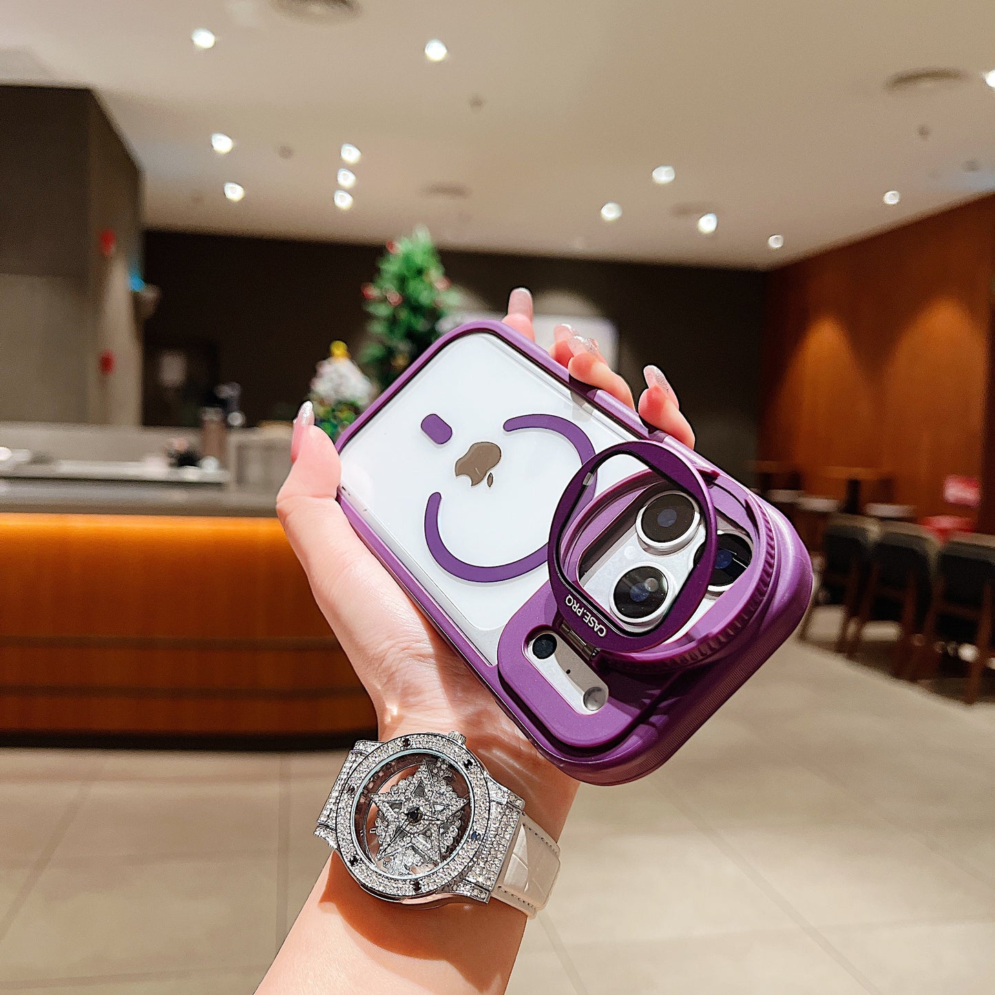 LuxuryKase Magnetic Transparent Back Case | Shockproof Hard PC Bumper Cover with Camera Lens Guard Kickstand | Mag-Safe Support For iPhone