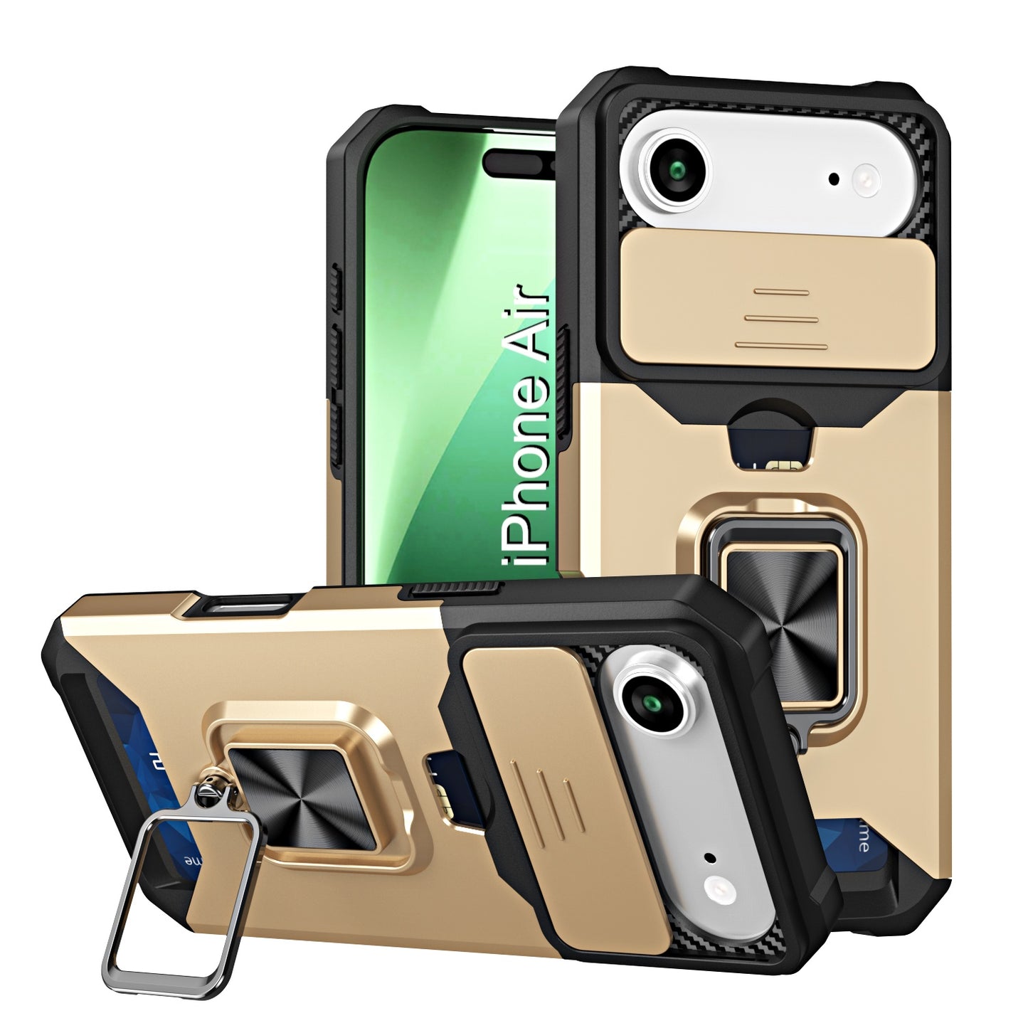 LuxuryKase Shockproof Armor Case | Slide Camera Cover | Hidden Card Slot | Rotating Ring Kickstand | Magnetic Car Mount Support | Military Grade Protection For iPhone & Samsung