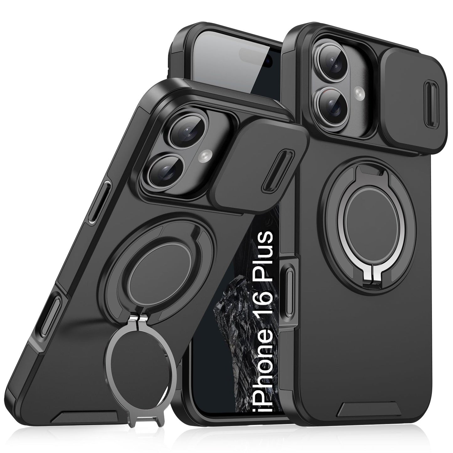 LuxuryKase Shockproof Magnetic Case with Slide Camera Cover | 360° Rotating Ring Kickstand | Mag-Safe Compatible | Rugged Armor Protection For iPhone Series