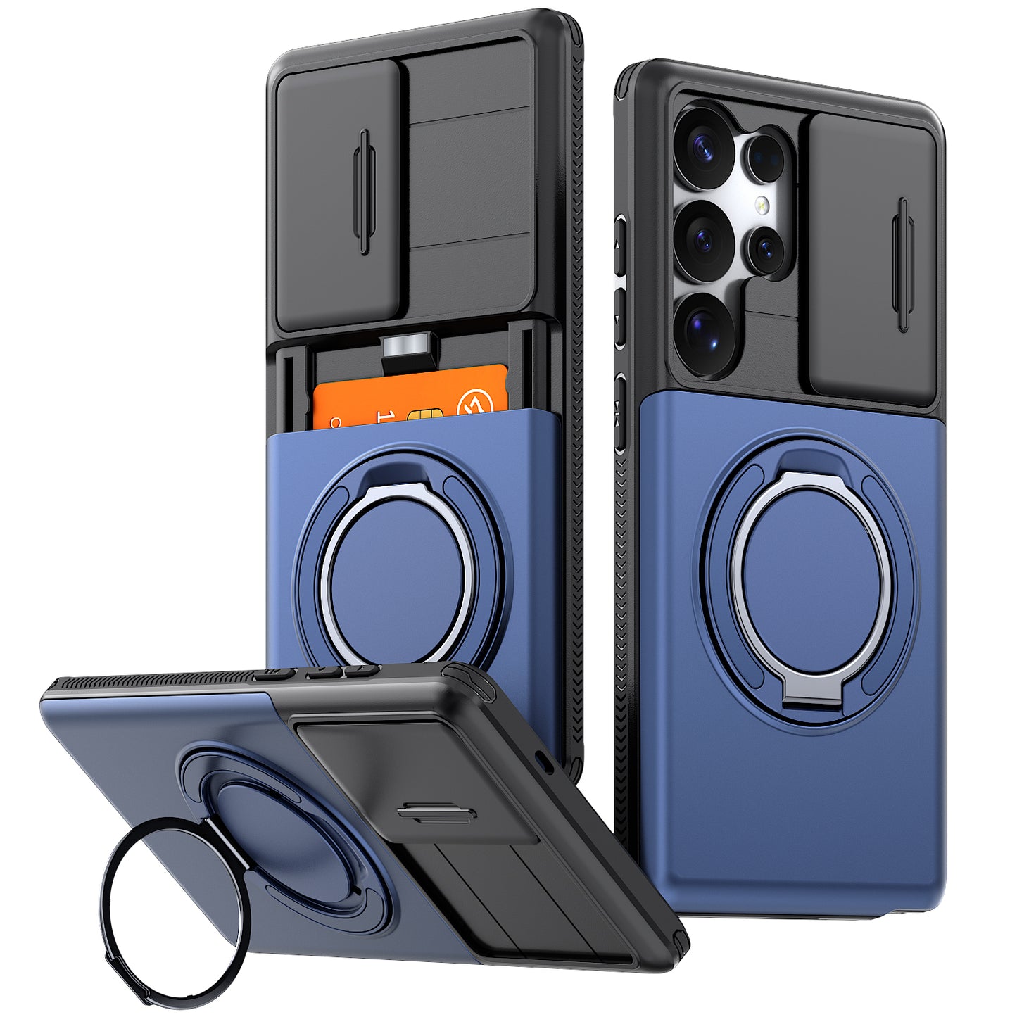 LuxuryKase Magnetic Card Holder Back Cover | Slide Camera Cover Protection | 360° Rotating & 120° Adjustable Kickstand | Shockproof Hard PC Back + Soft TPU Bumper For iPhone & Samsung Series