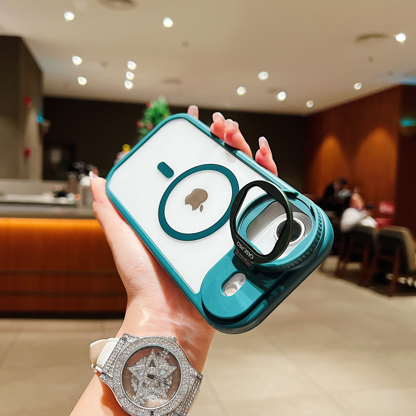 LuxuryKase Magnetic Transparent Back Case | Shockproof Hard PC Bumper Cover with Camera Lens Guard Kickstand | Mag-Safe Support For iPhone