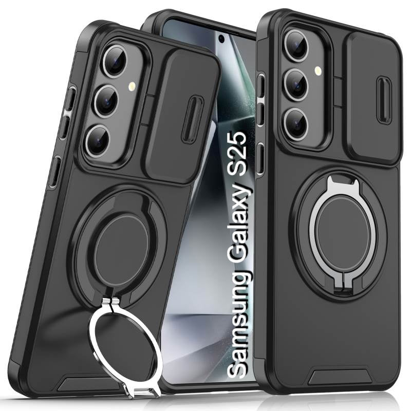 LuxuryKase Shockproof Magnetic Case with Slide Camera Cover | 360° Rotating Ring Kickstand | Mag-Safe Compatible | Rugged Armor Protection For Samsung Series