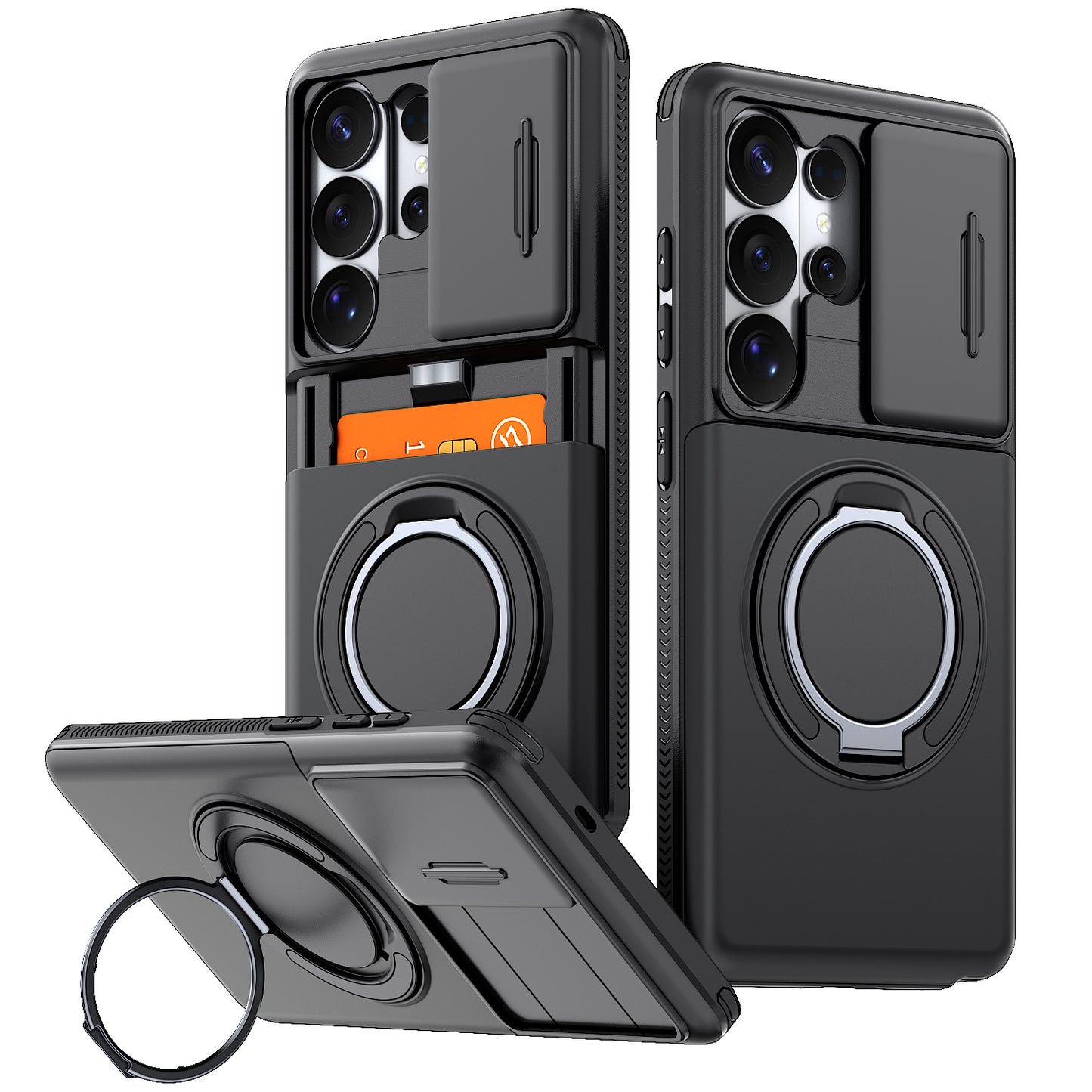 LuxuryKase Magnetic Card Holder Back Cover | Slide Camera Cover Protection | 360° Rotating & 120° Adjustable Kickstand | Shockproof Hard PC Back + Soft TPU Bumper For iPhone & Samsung Series
