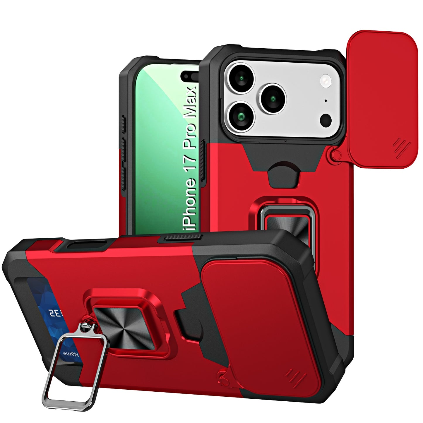 LuxuryKase Shockproof Armor Case | Slide Camera Cover | Hidden Card Slot | Rotating Ring Kickstand | Magnetic Car Mount Support | Military Grade Protection For iPhone & Samsung