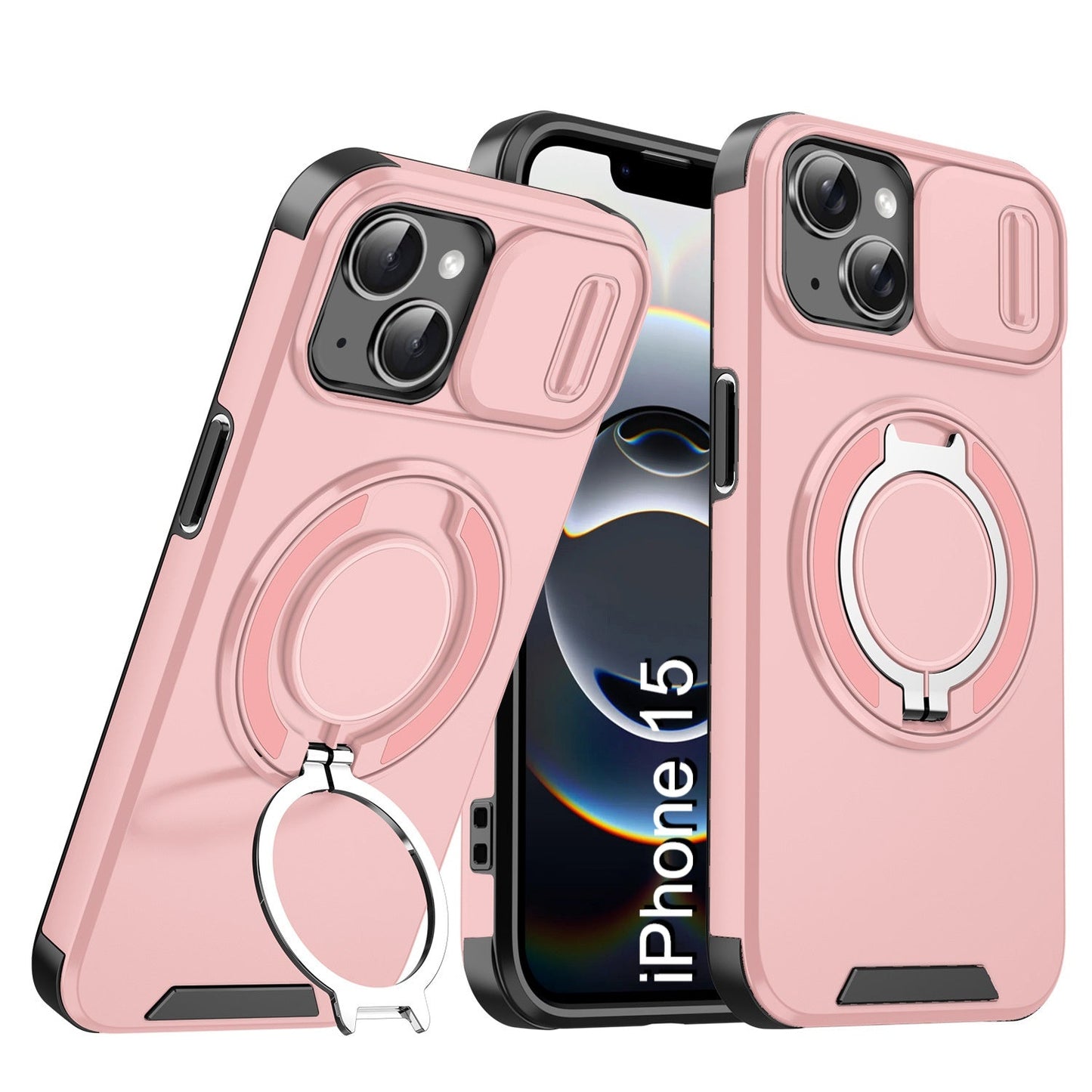 LuxuryKase Shockproof Magnetic Case with Slide Camera Cover | 360° Rotating Ring Kickstand | Mag-Safe Compatible | Rugged Armor Protection For iPhone Series